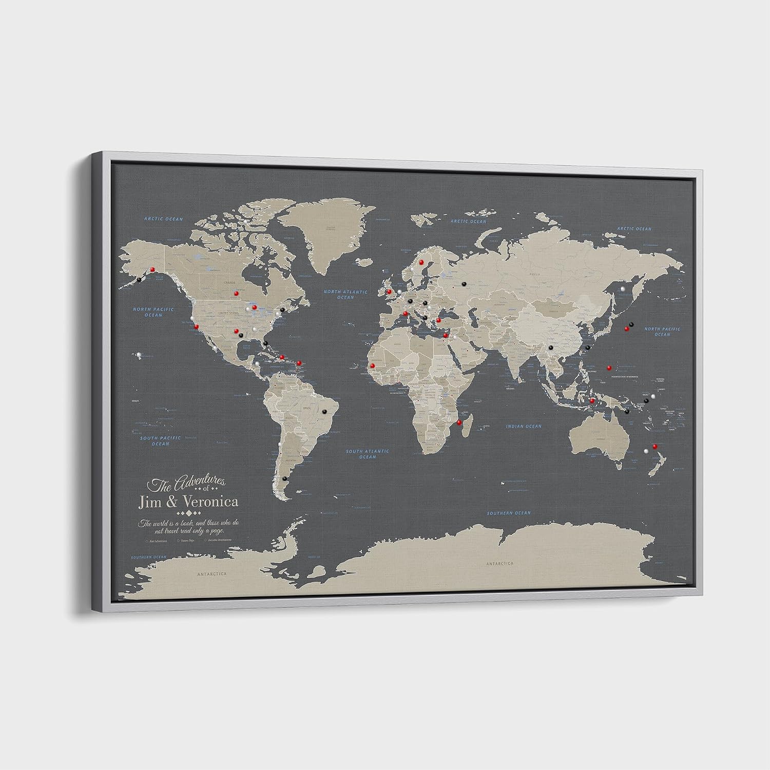 Earth Tone World Map with Pins – Personalized Canvas Push Pin Map – Framed World Travel Wall Decor – Silver Float Frame – 24' x 36'