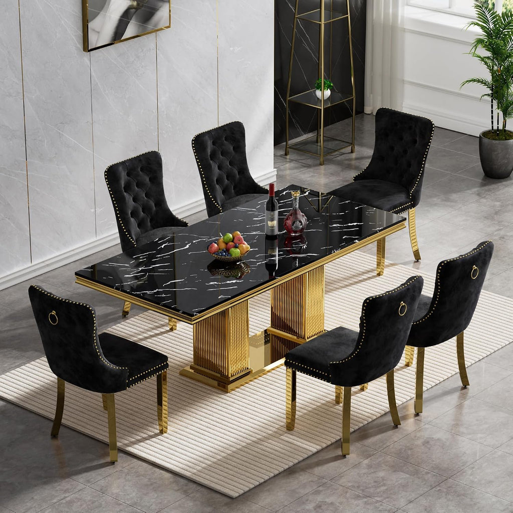 68' Black Marble Dining Table for 6 to 8, Luxury Large Rectangular Faux Marble Tabletop & Gold Double Pedestal Base, Mid Century Modern Kitchen Dining Room Table for Dinner Family Gathering