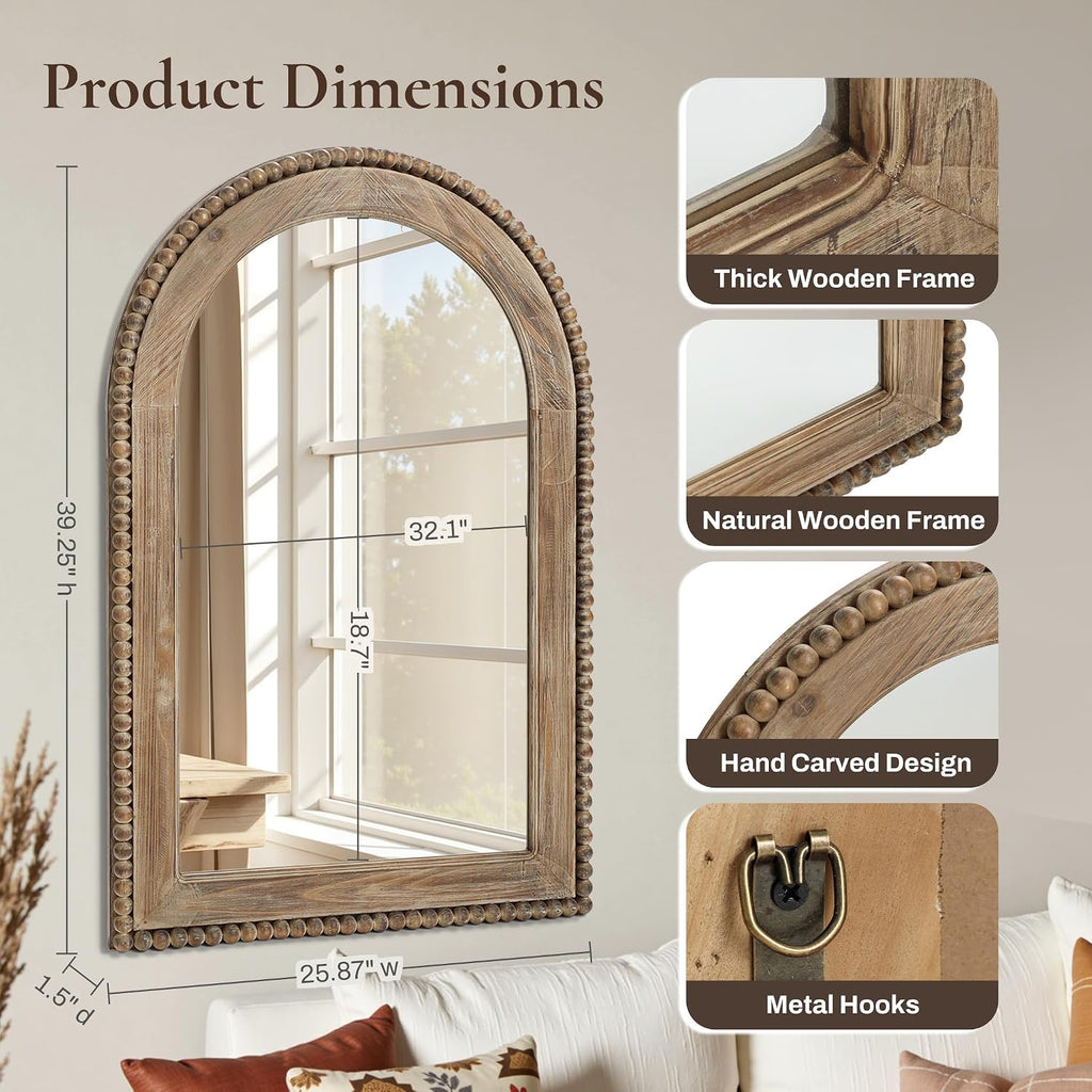 LuxenHome Arch Wall Mirror, 26'x40' Wood Framed Wall Mirrors, Farmhouse Decorative Wooden Mirror, Accent Entryway Wall Mirror, Wall Mounted Mirror Living Room Wall Decor