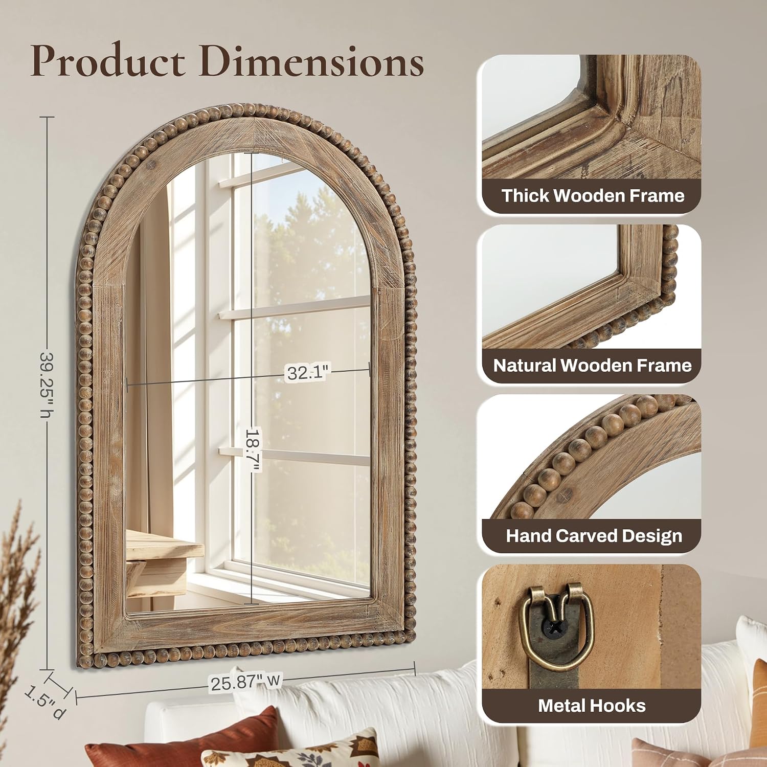 LuxenHome Arch Wall Mirror, 26'x40' Wood Framed Wall Mirrors, Farmhouse Decorative Wooden Mirror, Accent Entryway Wall Mirror, Wall Mounted Mirror Living Room Wall Decor