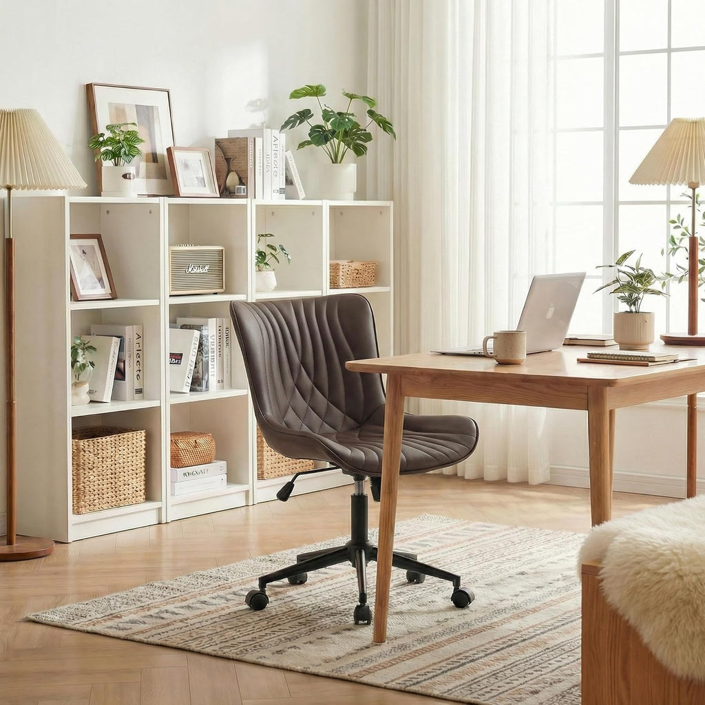 YOUNIKE Office Chair Brown, Armless Desk Chair with Wheels, Home Office Task Chairs, Modern Faux Leather Upholstered Adjustable Swivel Rocking Chair with Back