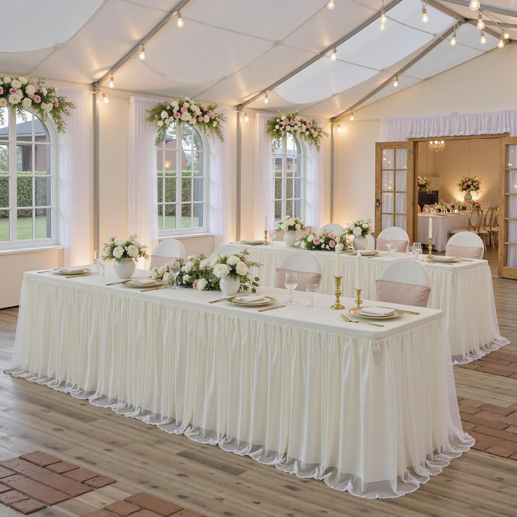 familus Ivory Table Cloths 6 Foot Rectangle 6 Pack Stretch Ruffle Tulle Tablecloth Spandex Fitted Table Cover for 6 Foot Tulle Table Skirts for Party Wedding Table Cloths, Banquets