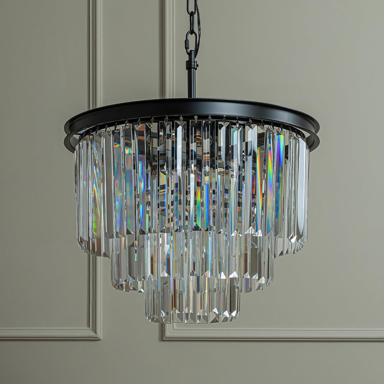 ALPADECOR 6-Light W 20' Modern Matte Black 3-Tier Round Fringe Crystal Chandelier Black Finish Frame Close to Ceiling Dual-Use Light for Dining Room Living Room