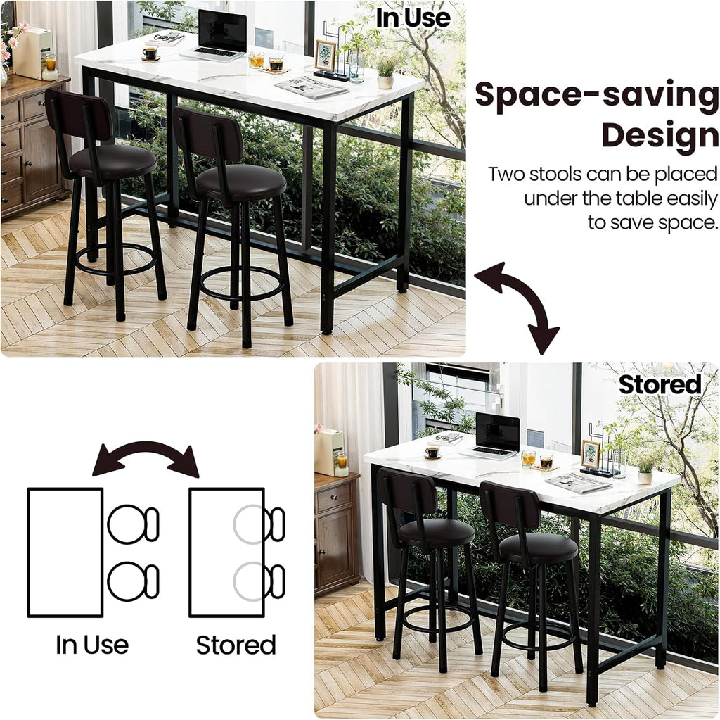Recaceik 3 Piece Bar Table with Stools Set for 2, Modern Faux Marble High Top Small Dining Table and Chairs, Pub Bistro Set for Dining Room, Kitchen, Breakfast Nook, Small Space, Apartment