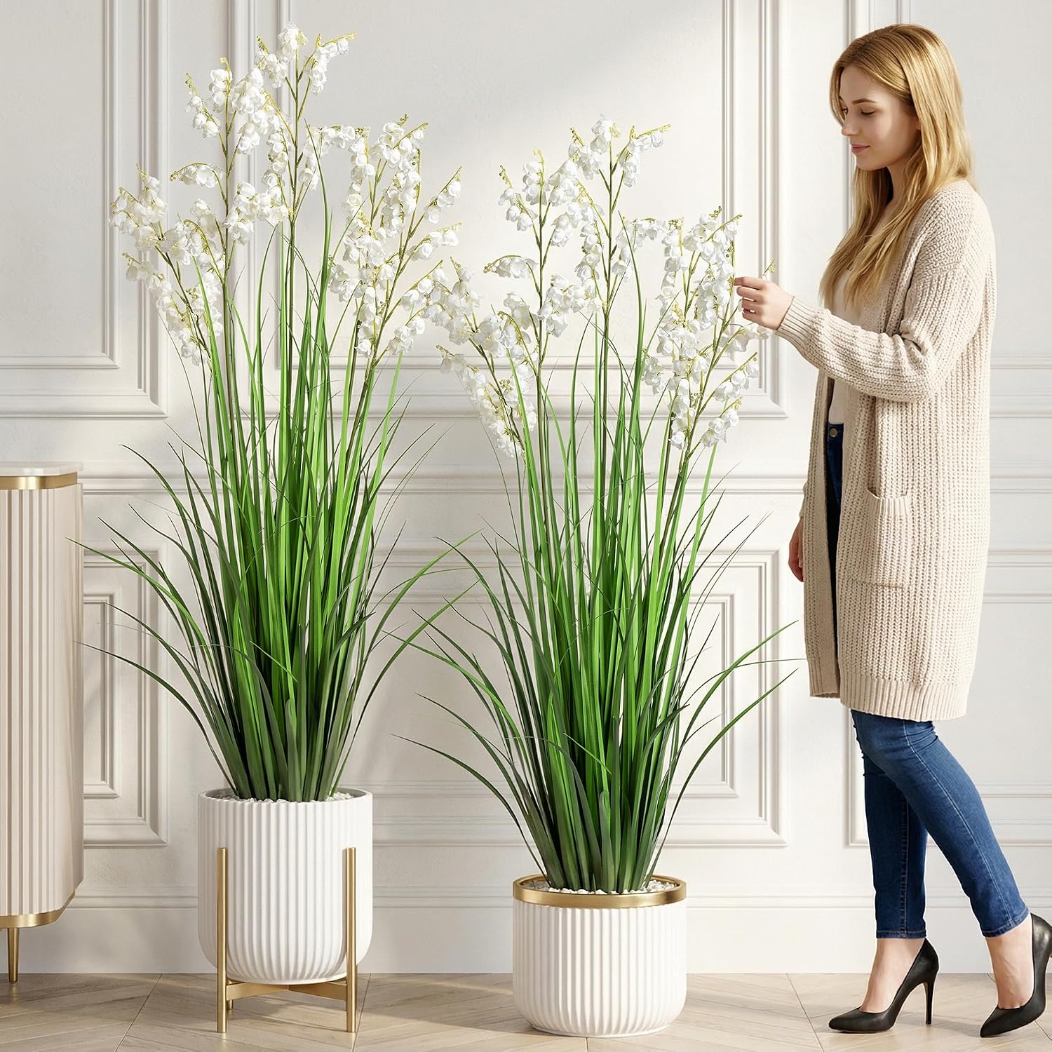 Ttranewsoo Green Onions Home Decor Fake Plants Lily of The Valley Snake Plant Home DéCor Accents Artificial Grass Room Decor Artificial Plants Indoor Artificial Grass 47' （2PCS ） White