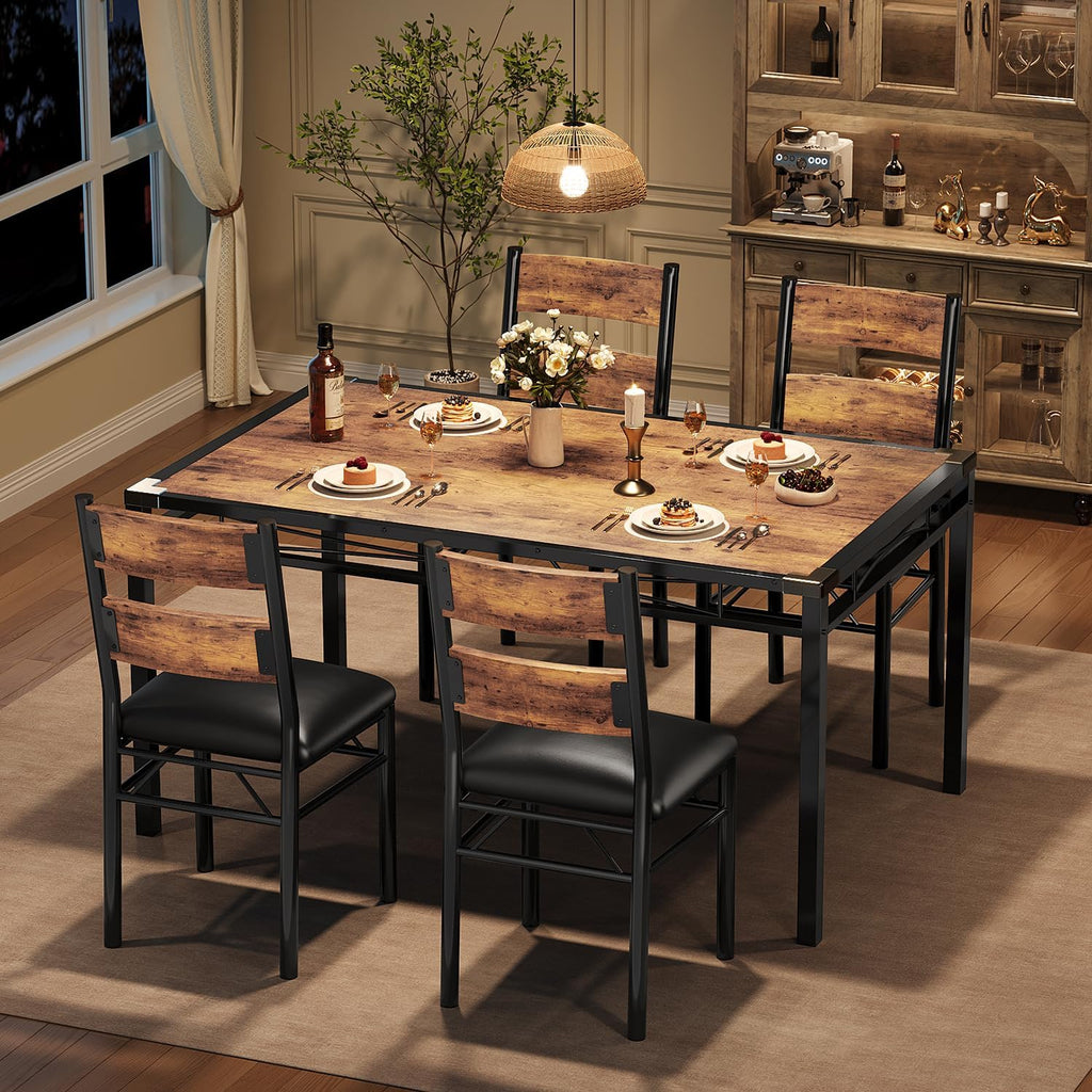 IDEALHOUSE Wood Dining Table Set for 4 with Corner Protector, Kitchen Table Chairs Set of 4 with Upholstered Chairs, Dining Room Table Set for 4, for Dining Room, Apartment,Retro Brown