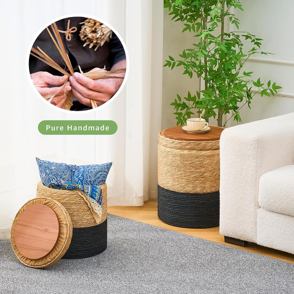 Wimarsbon Round Pouf Ottomans, Handwoven Natural Water Hyacinth Seagrass Pouffe,Outdoor Rattan Stool Accent Seat, Bohemian Coastal Home Decor (Cattail Nested Set-Black)