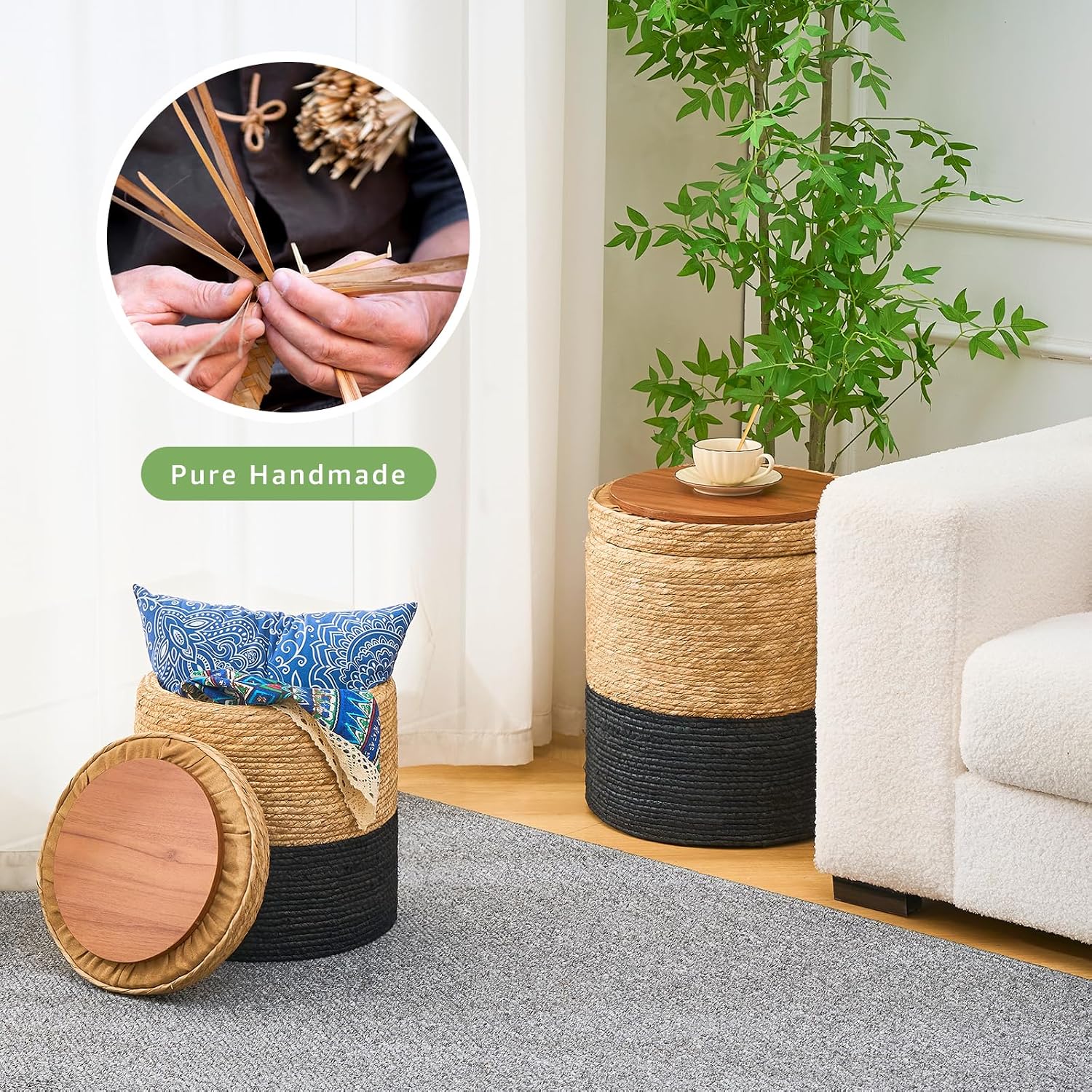 Wimarsbon Round Pouf Ottomans, Handwoven Natural Water Hyacinth Seagrass Pouffe,Outdoor Rattan Stool Accent Seat, Bohemian Coastal Home Decor (Cattail Nested Set-Black)