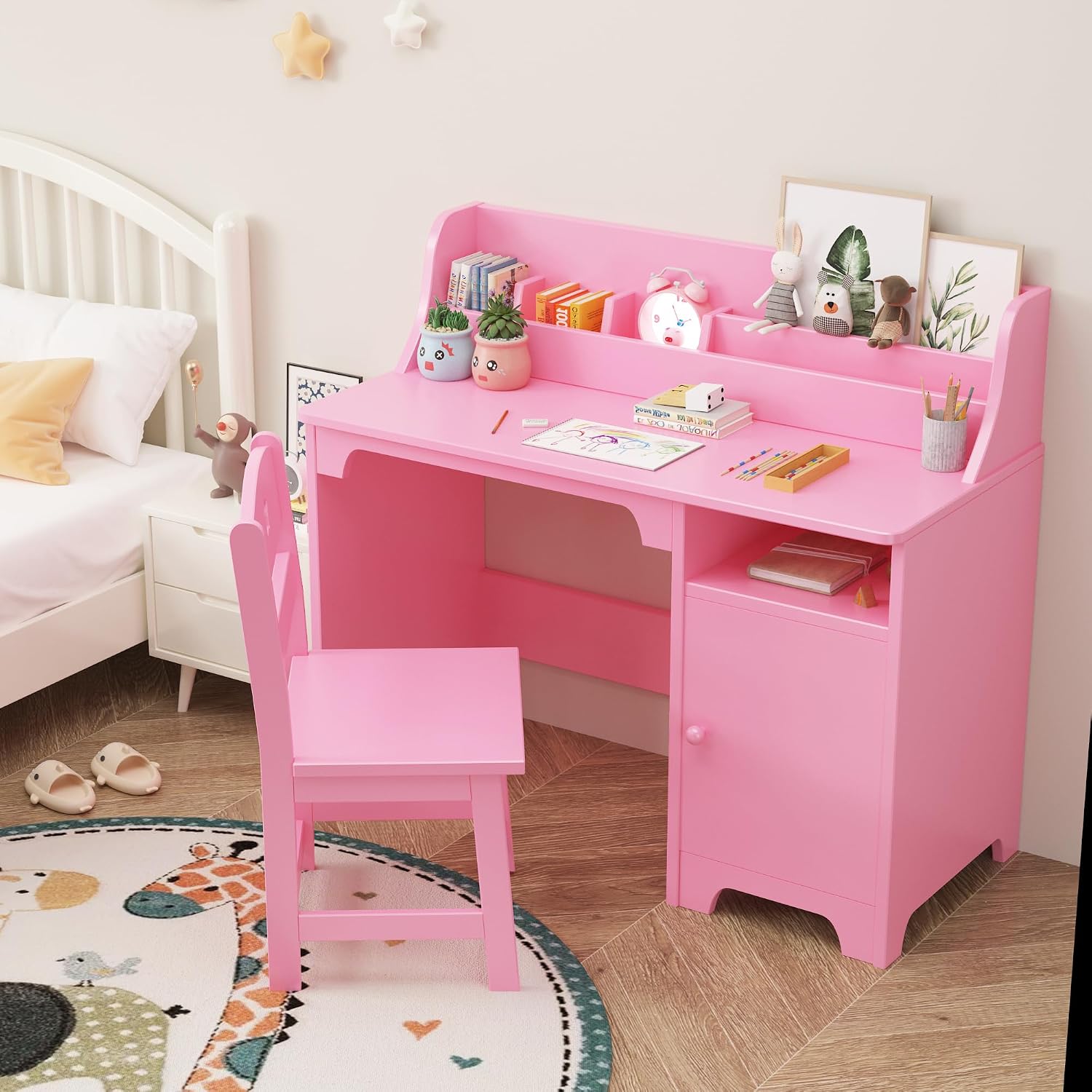 Kids Study Desk with Chair,Wooden Children Study Table, Kids Desk & Chair Sets with Hutch and Storage Cabinet for 3-12 Year Old, Student Writing Desk Computer Workstation for Kids Bedroom & Study Room
