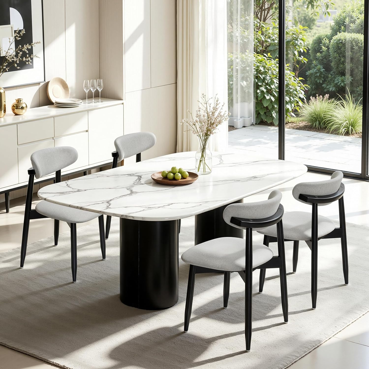 CHUN YI Dining Chairs Set of 4, Upholstered Solid Wood Dining Room Chairs, Mid Century Modern Fabric Kitchen Chairs with Ergonomic Curved Back, Gray (Only Chairs)