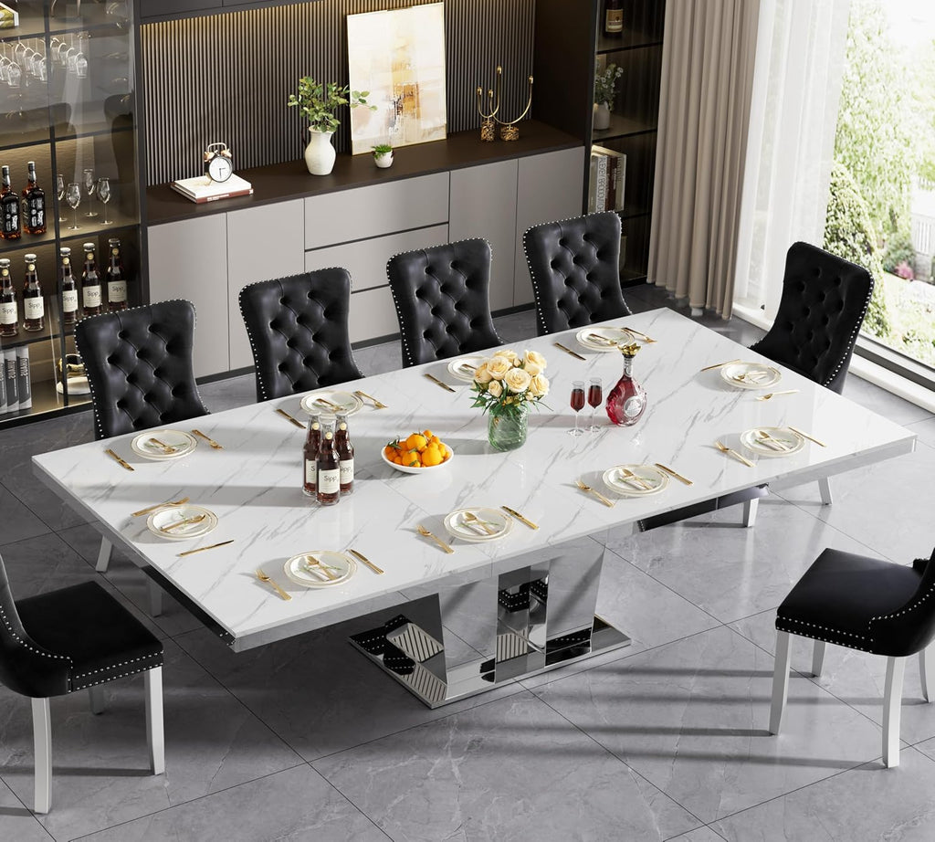 94 inch Extendable Dining Table for 6 8 10, Modern Expandable Kitchen Table with White Faux Marble Top & Silver Mirrored Base, Large Luxury Faux Marble Dining Room Table for Dinner Family Gathering
