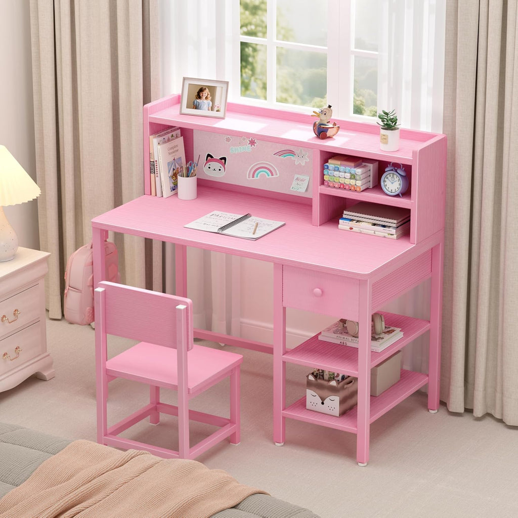 BOLUO Pink Kids Desk and Chair Set for 6-12 Year Old, Children Study Desk with Hutch and Storage Shelf, Student Writing Table with Fabric Drawer for Girls Boys