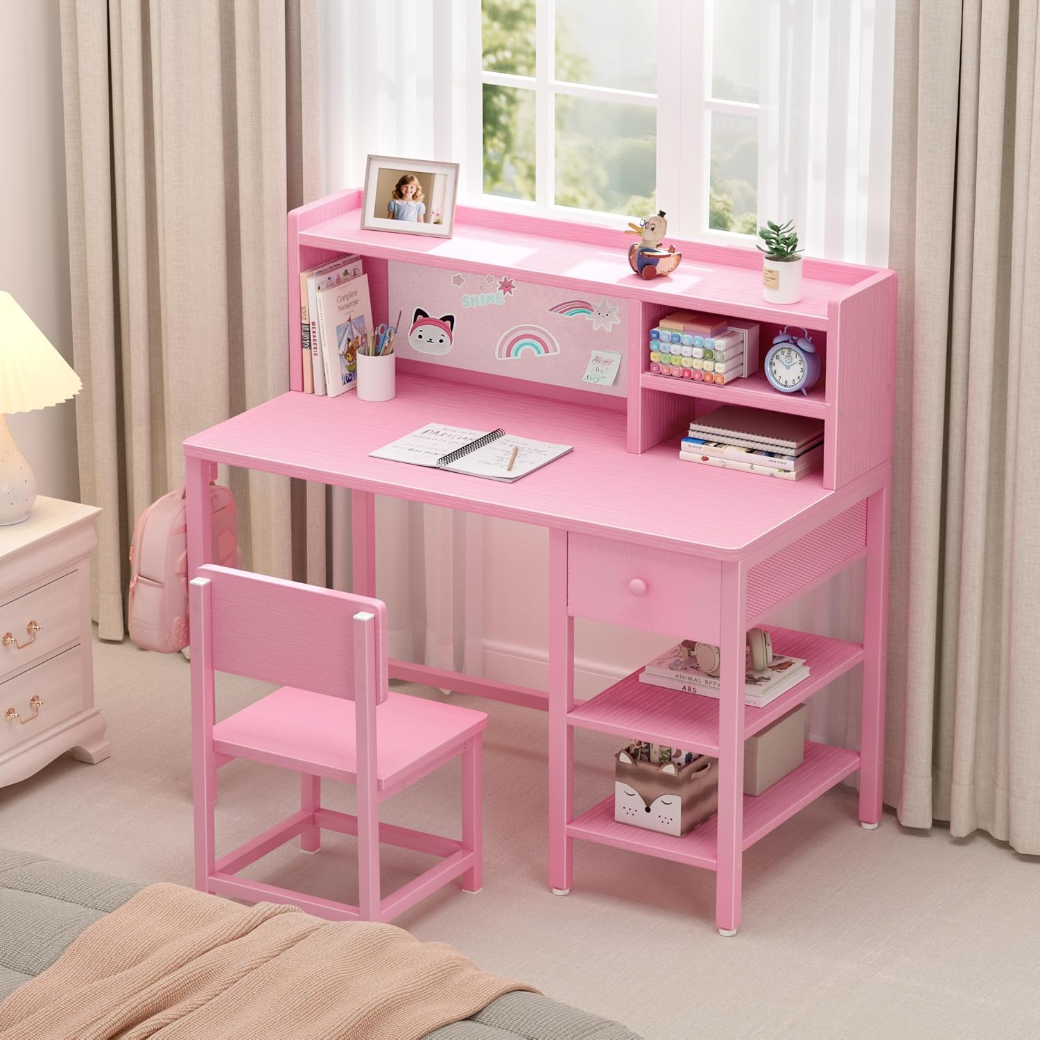 BOLUO Pink Kids Desk and Chair Set for 6-12 Year Old, Children Study Desk with Hutch and Storage Shelf, Student Writing Table with Fabric Drawer for Girls Boys
