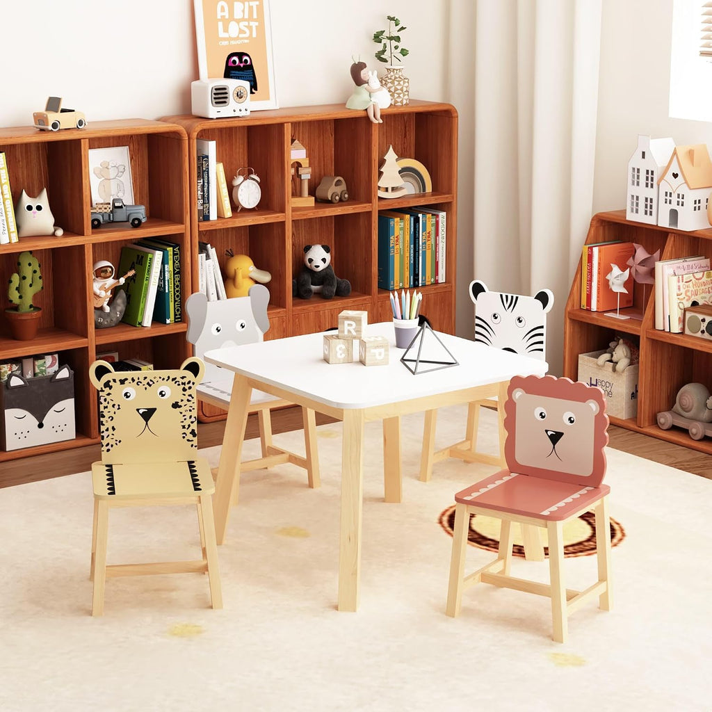 GDFStudio Toddler Table and Chair Set, 5-Piece Kids Dinner Table and Chairs for Ages 3-8, Cartoon Animals Solid Wood Play Table for Drawing, Study, Dining Room, Nursery and Kindergarten, White