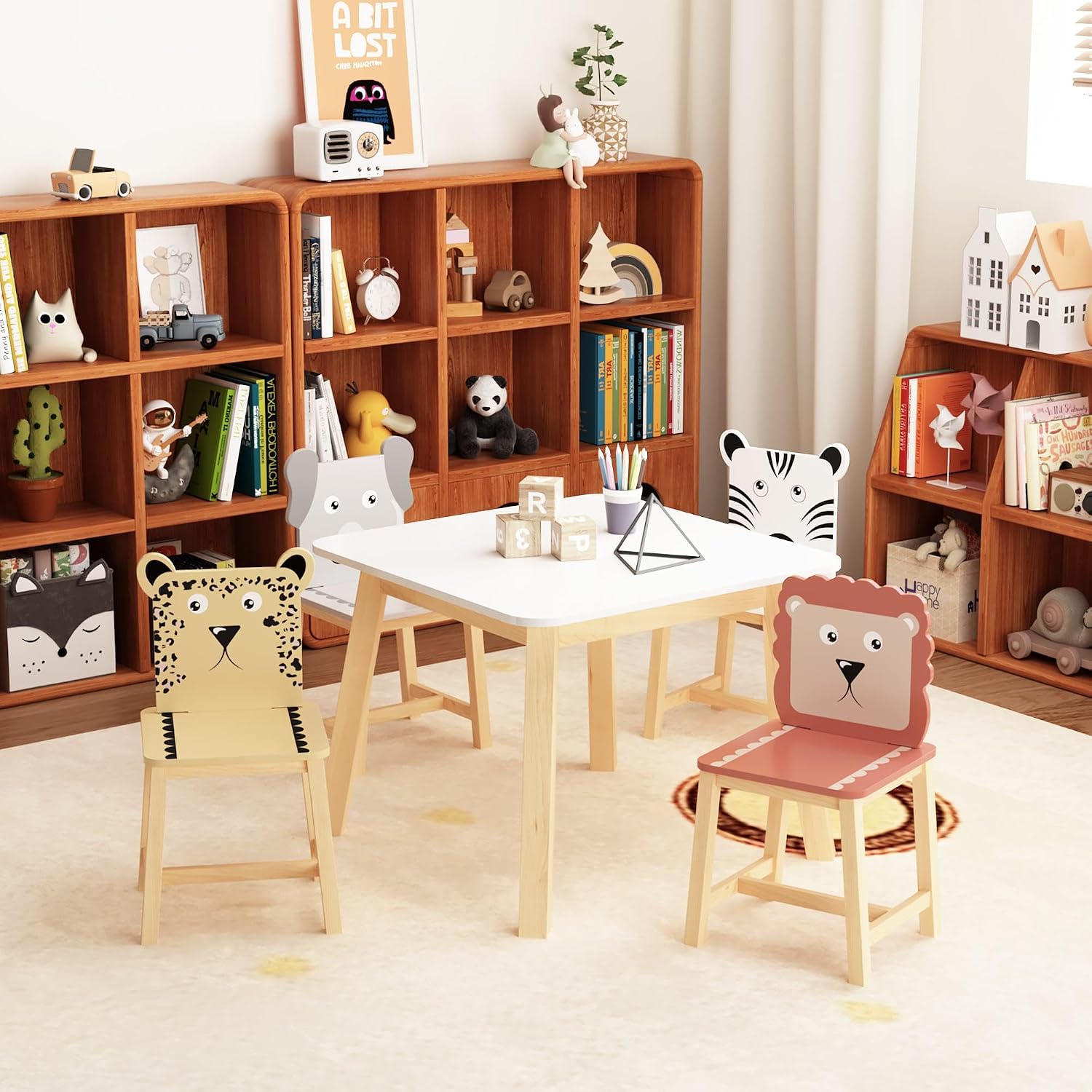 GDFStudio Toddler Table and Chair Set, 5-Piece Kids Dinner Table and Chairs for Ages 3-8, Cartoon Animals Solid Wood Play Table for Drawing, Study, Dining Room, Nursery and Kindergarten, White