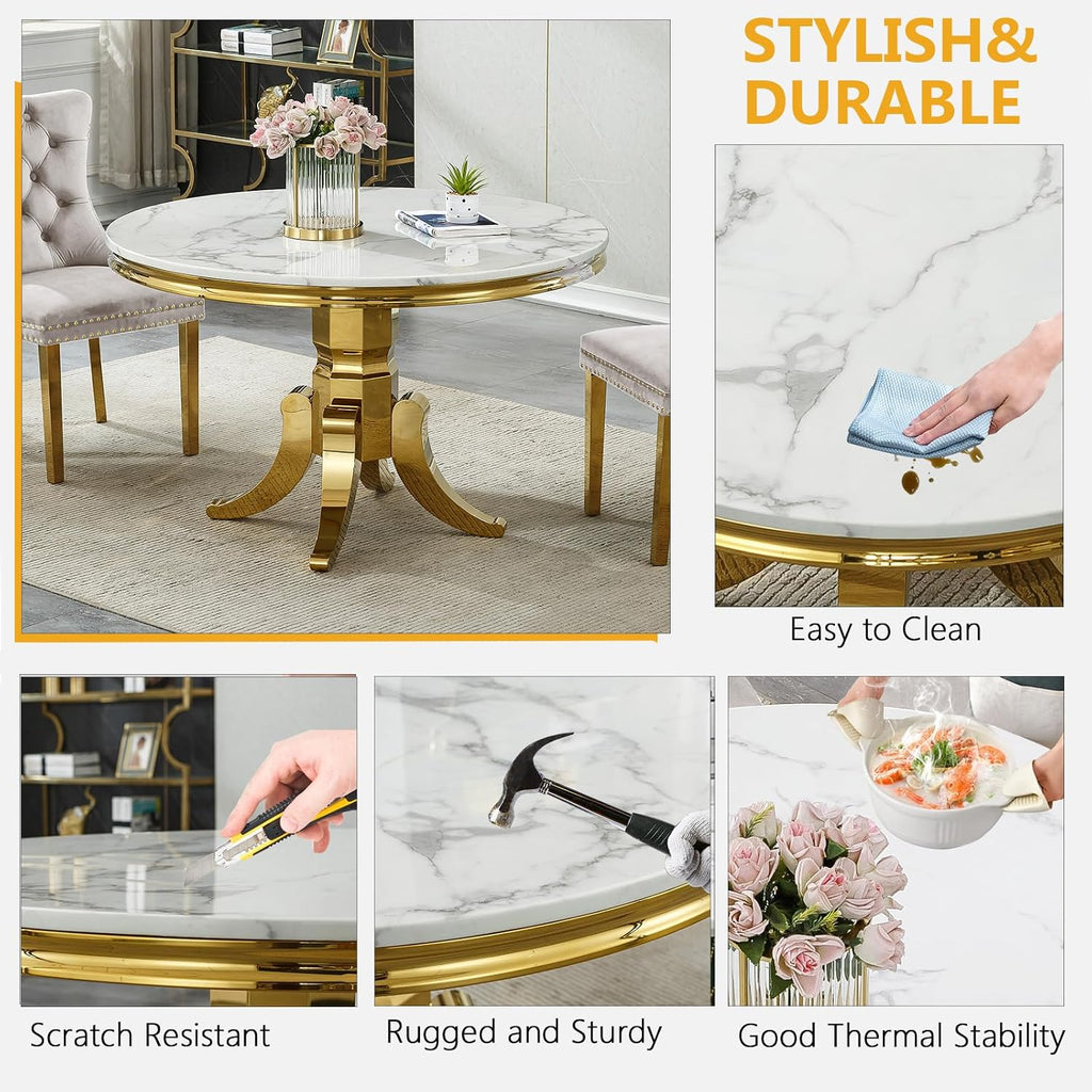45 inch Round Marble Dining Table for 4 to 6, Modern Circular White Faux Marble Kitchen Table with Gold Stainless Steel Leg, Round Kitchen Dining Room Table for Breakfast Dinette Dinner Dinning Room