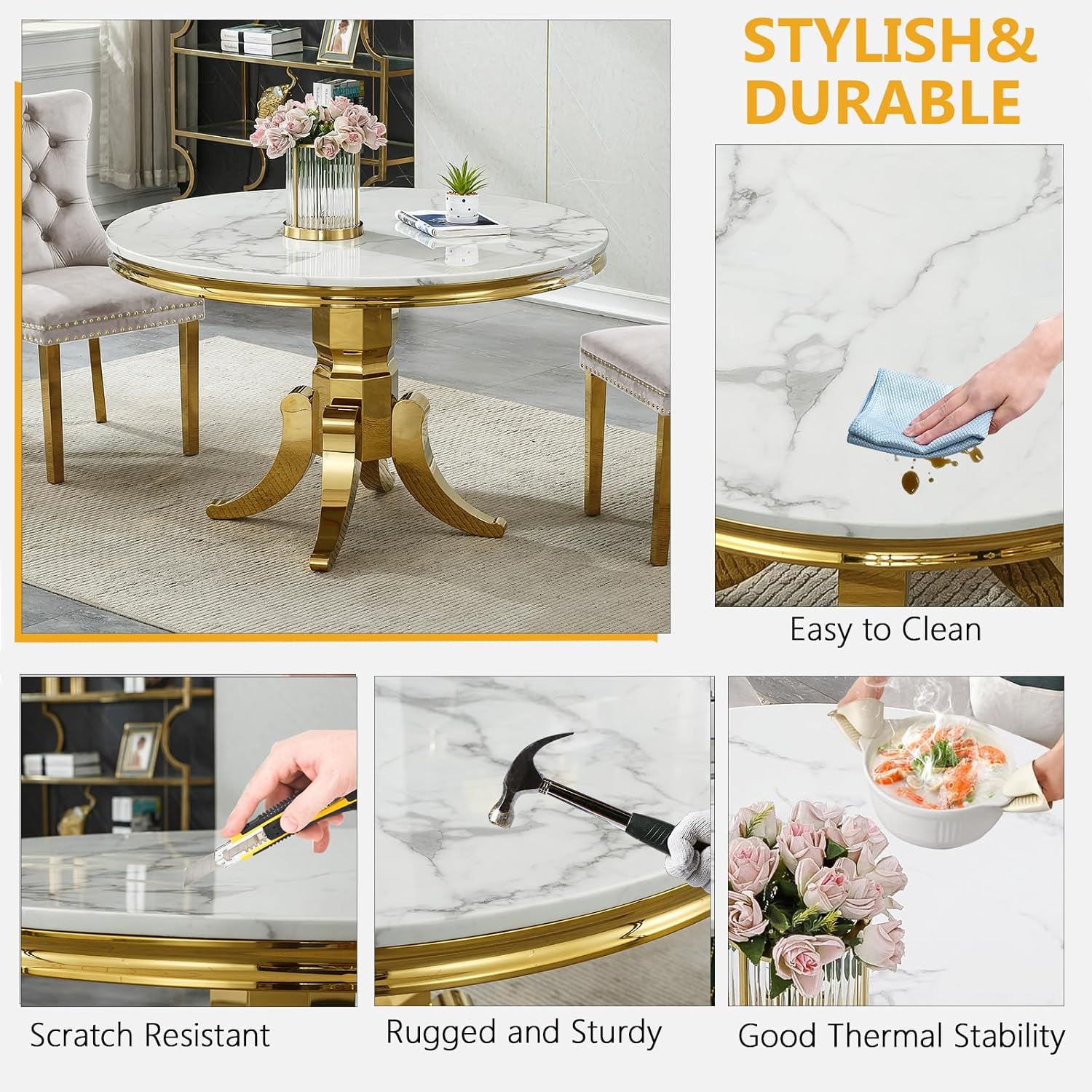 45 inch Round Marble Dining Table for 4 to 6, Modern Circular White Faux Marble Kitchen Table with Gold Stainless Steel Leg, Round Kitchen Dining Room Table for Breakfast Dinette Dinner Dinning Room