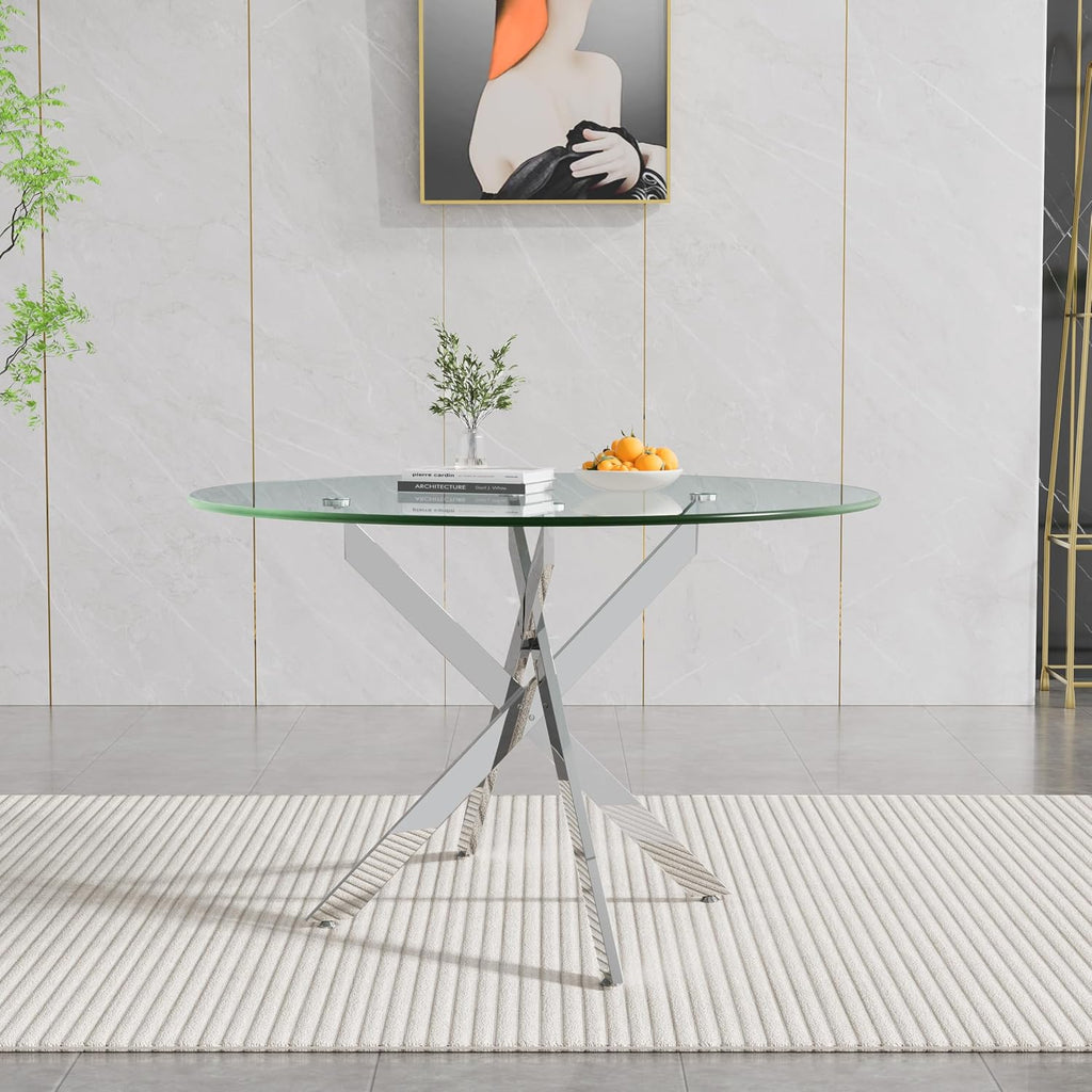47.25' Round Dining Table for 6, Modern Clear Glass Kitchen Table for 6 with Silver X Metal Legs, Contemporary Small Circle Dining Room Leisure Tables for Kitchen Apartment