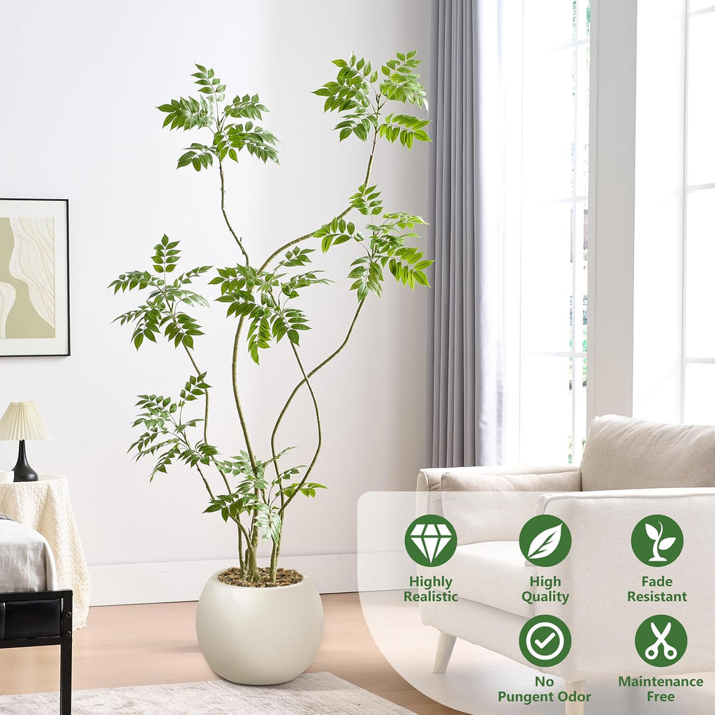Artificial Mahonia Tree 6FT, Realistic Faux Indoor Tree with White Planter and Decorative Stones, Real-Touch Leaves, Bendable Branches, Tall Fake Floor Plant for Living Room Office Entryway Decor