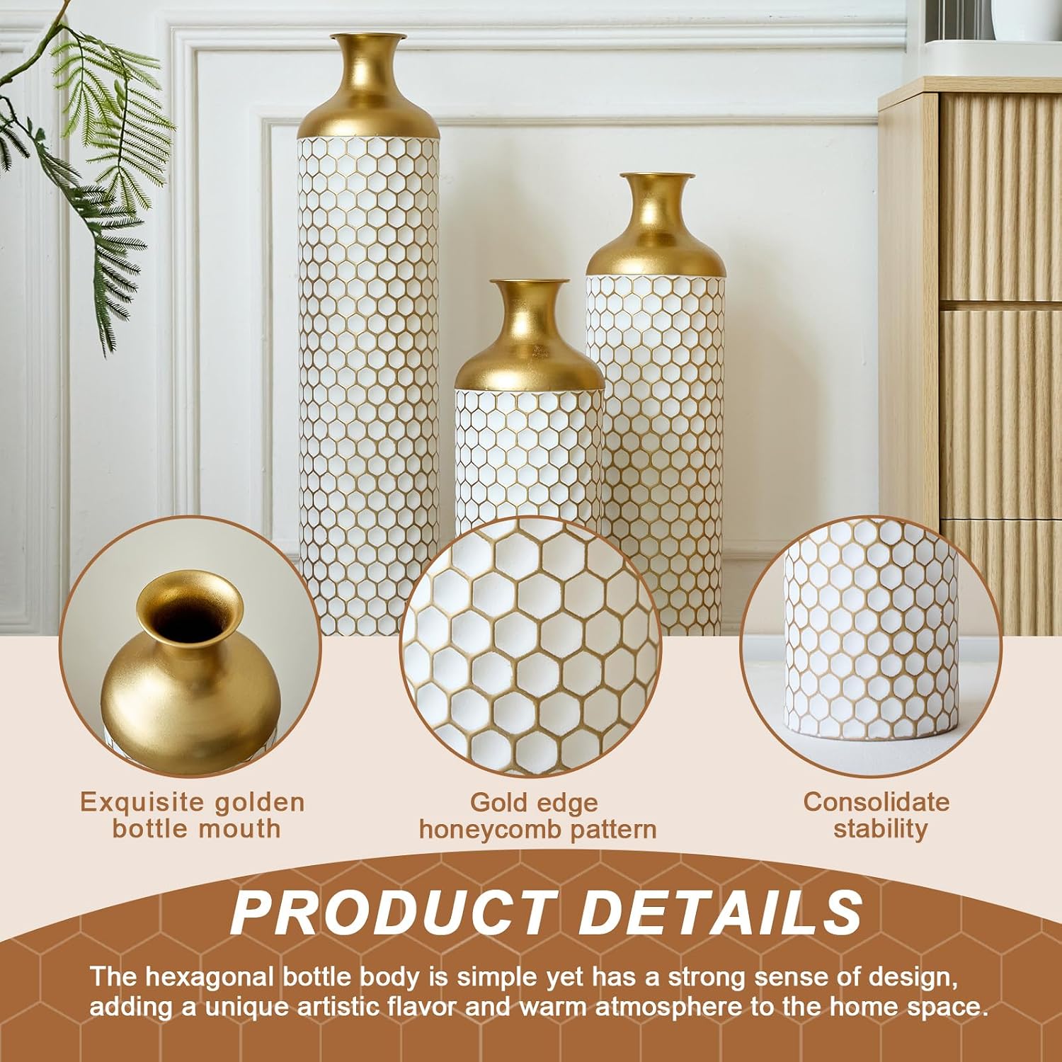 Tall Floor Vases Set of 3, White and Gold Large Tall Decorative Standing Vases with Hammered Gold Accents for Fireplace Home Corner Hallway Office, 31.5' 27.5' 23.6'