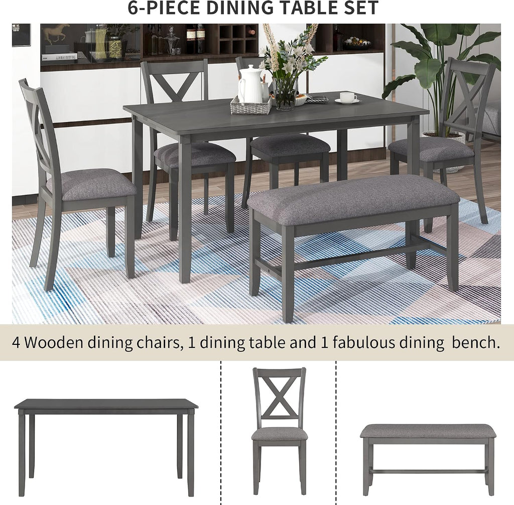 Harper & Bright Designs 6-Piece Dining Table Set, Dining Room Table Set with Wooden Rectangular Dining Table, 4 Dining Chair and Bench, Kitchen Dinette Set for 6 People (Grey)