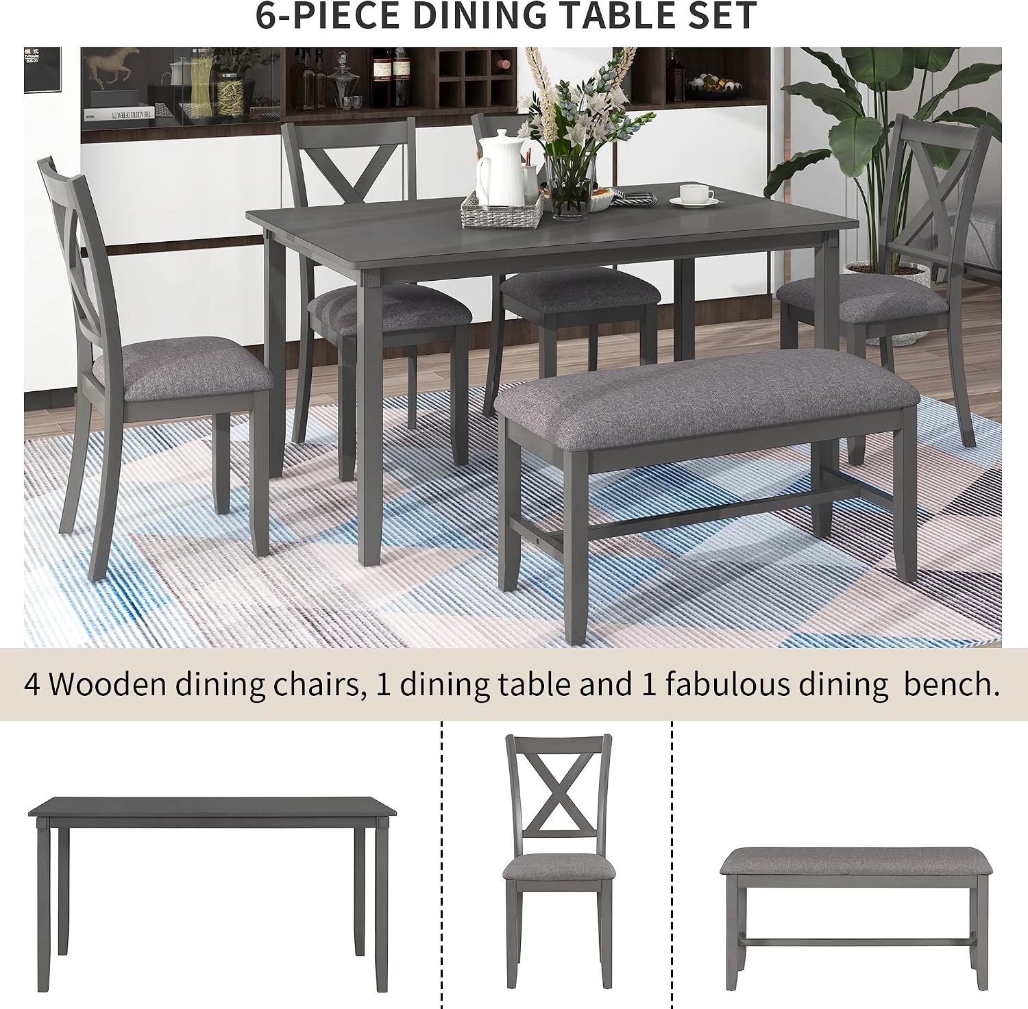 Harper & Bright Designs 6-Piece Dining Table Set, Dining Room Table Set with Wooden Rectangular Dining Table, 4 Dining Chair and Bench, Kitchen Dinette Set for 6 People (Grey)