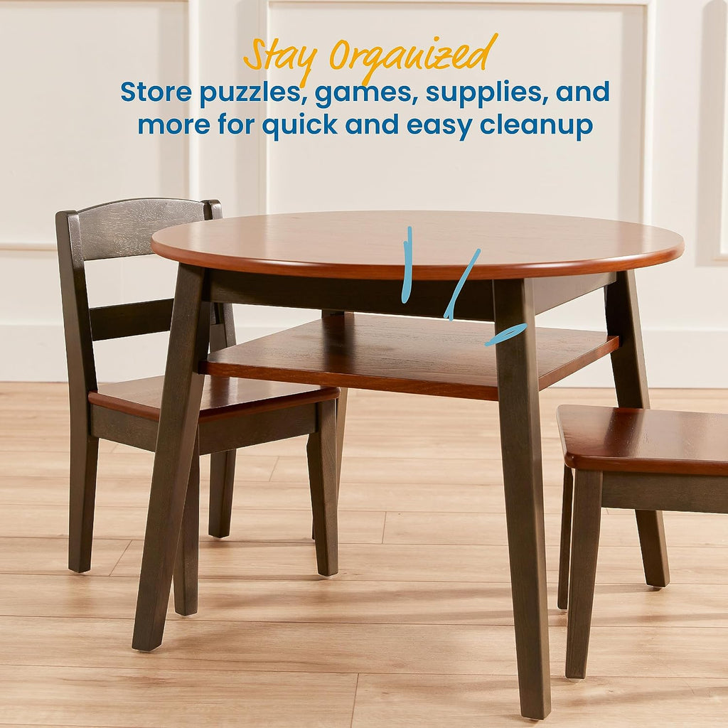 ECR4Kids Hideaway Table and Chair Set, Kids Furniture, Dark Walnut/Grey Wash, 3-Piece