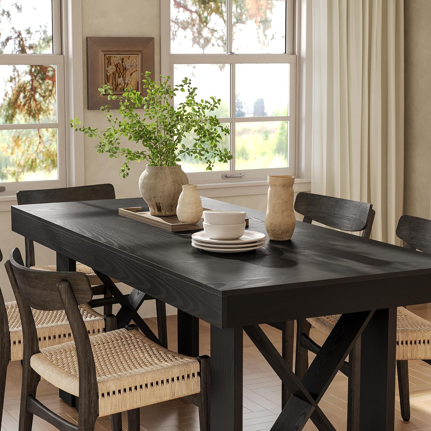 LITTLE TREE Dining Table for 4 People, 63-Inch Farmhouse Rectangle Kitchen Dinner Table for Dining Room, Kitchen, Living Room, Black