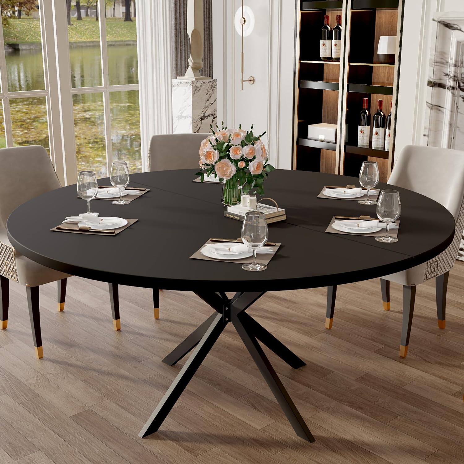 47.24' Round Dining Table, Modern Dining Room Table for 4-6 Person, Wood Round Kitchen Table with Metal Legs, Round Coffee Table for Home Dining Room Living Room (Black)