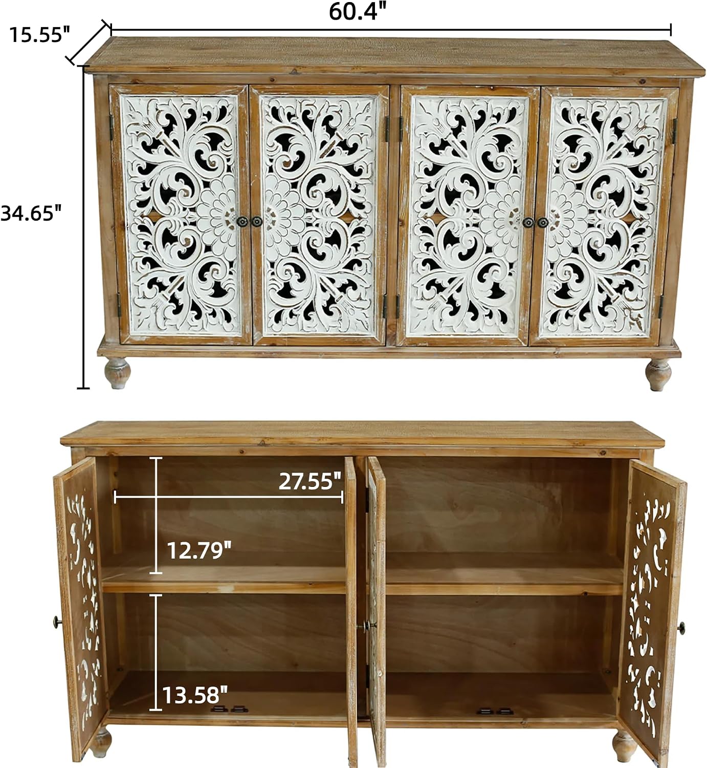 LKTART 60' Vintage Sideboard Buffet Cabinet,French Country Sideboard,Farmhouse Hollow Carved Credenza Accent Cabinet for Living Room, Dining Room, Natural Wood