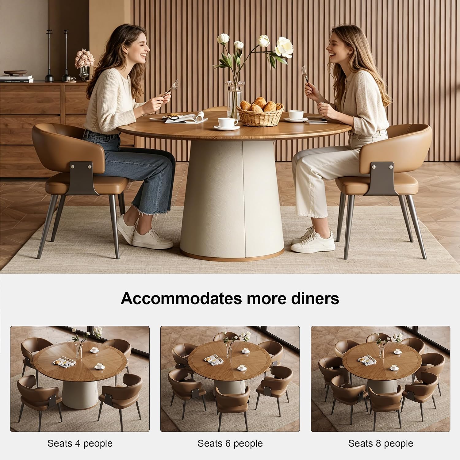 Round Faux Leather Base Dining Table for 4-6 People, Modern Wood Kitchen Table with Solid Veneer Top, 59.05' (59.1 inches (Diameter) x 29.8 inches (Height))