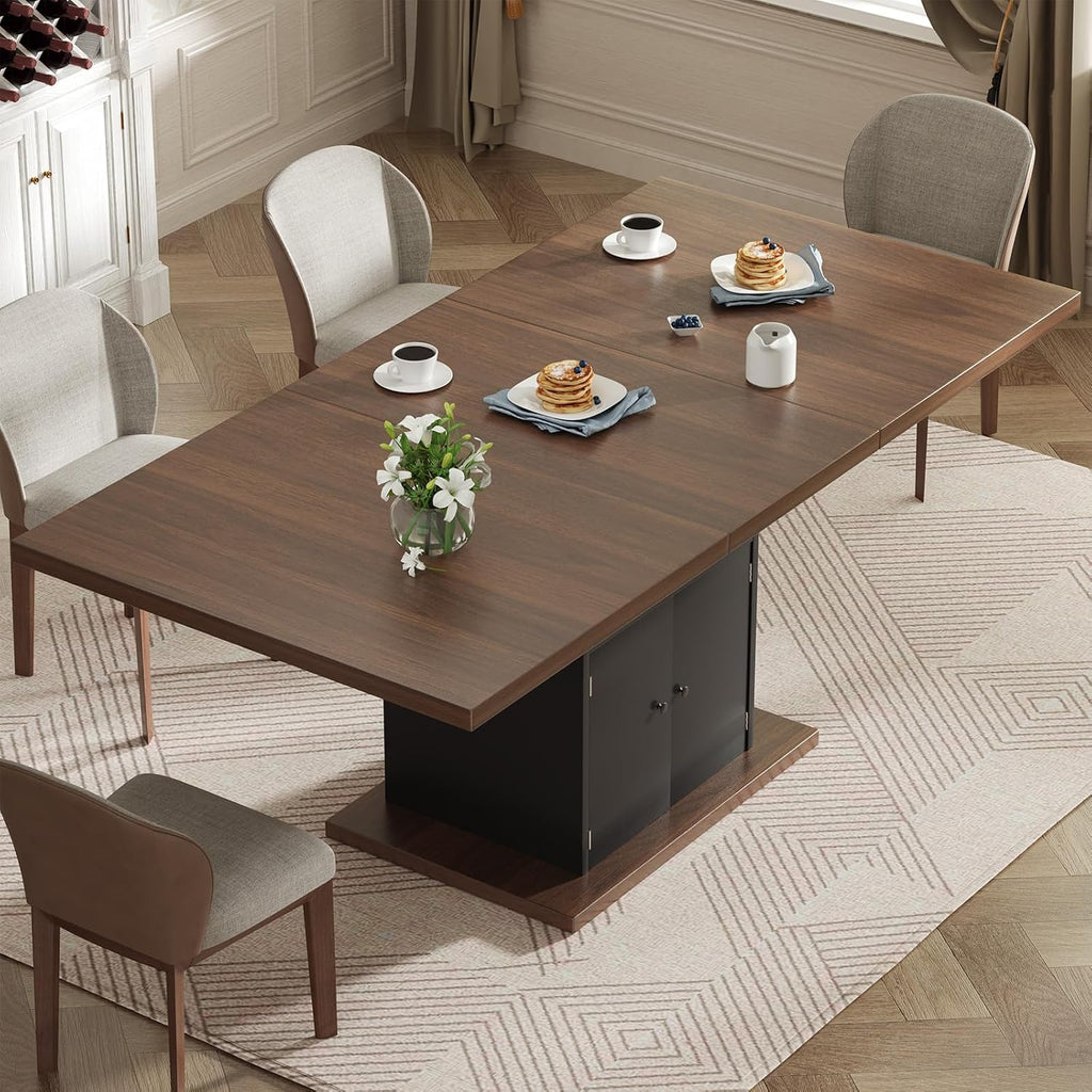 Extendable Dining Room Table for 4-6, 47-63 Inch Rectangle Kitchen Dining Table with Storage, Expandable Modern Rectangular Dinner Table for Kitchen, Dining Room, Black & Walnut