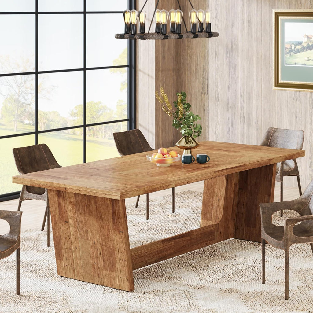 Tribesigns 70.87-Inch Large Dining Table: Wood Long Dining Room Table for 6-8, Rectangular Farmhouse Kitchen Dinner Table with Solid Pedestal, Yellow Brown