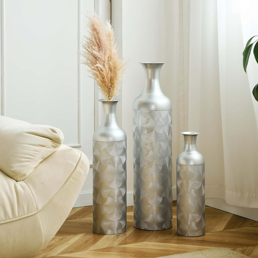 Metal Floor Vases Set of 3, Tall Vase for Floor Decoration with Modern Wave Pattern, Large Decorative Floor Vases for Living Room, Tall Cylinder Flower Vase for Home Office Décor (Silver)