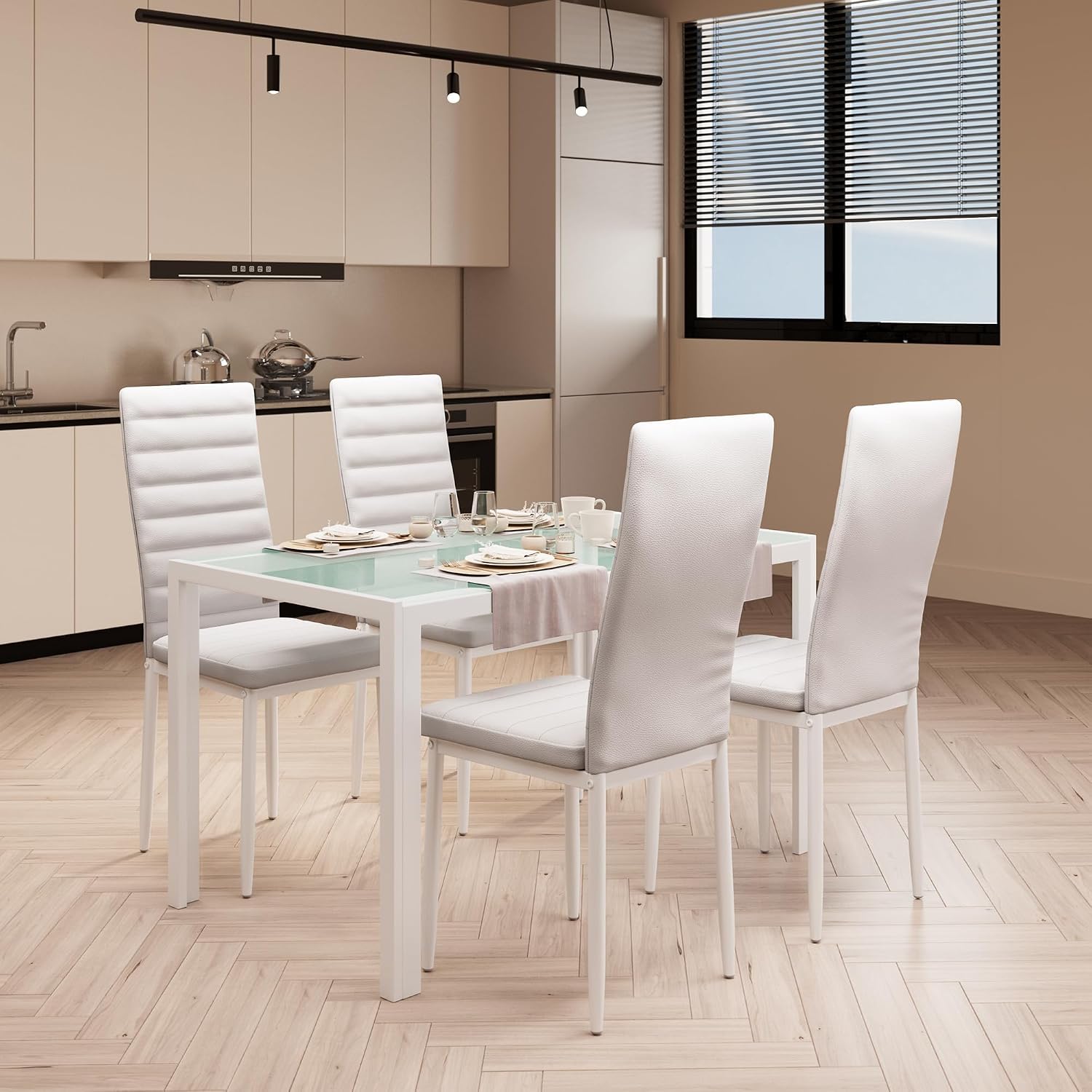 Bealife Kitchen Dining Table Set for 4, Tempered Glass 5 Piece Table and Chairs Set Modern for Home, Kitchen, Living Room, Dining Room, White