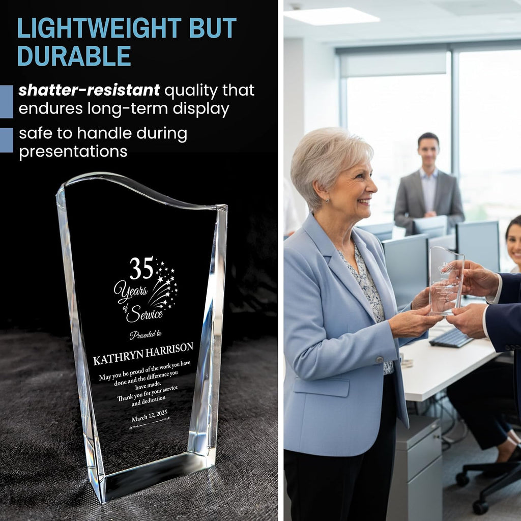 Personalized Acrylic Retirement Gifts For Men and Women, Laser Engraved Custom Trophy for Service Recognition, Years Of Service Retirement Trophy Award for Boss, Employee, Teacher (Crystal Facet Wave)
