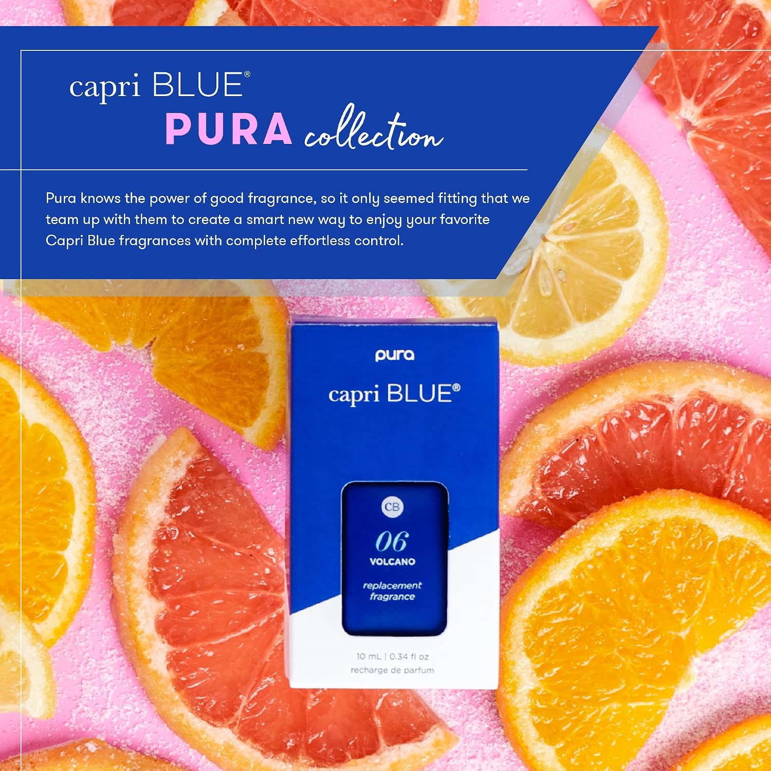 Capri Blue Pura Plus Smart Home Fragrance Diffuser Kit - Includes 1 Tabletop Pura Diffuser and 2 Volcano Refills - Notes of Tropical Fruits & Sugared Citrus