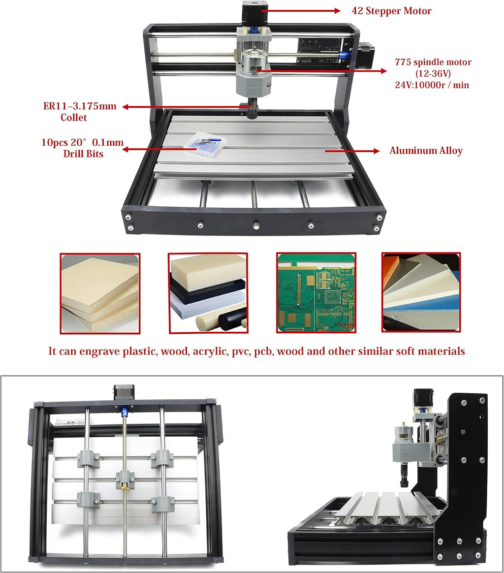 RATTMMOTOR 3018-PRO DIY CNC Router Kit+GRBL Offline Controller, 3 Axis Hobby CNC Router Machine, Plastic Acrylic PVC PCB Wood Mini Desktop Engraving Milling Carving Machine, Working Area 300x180x45mm