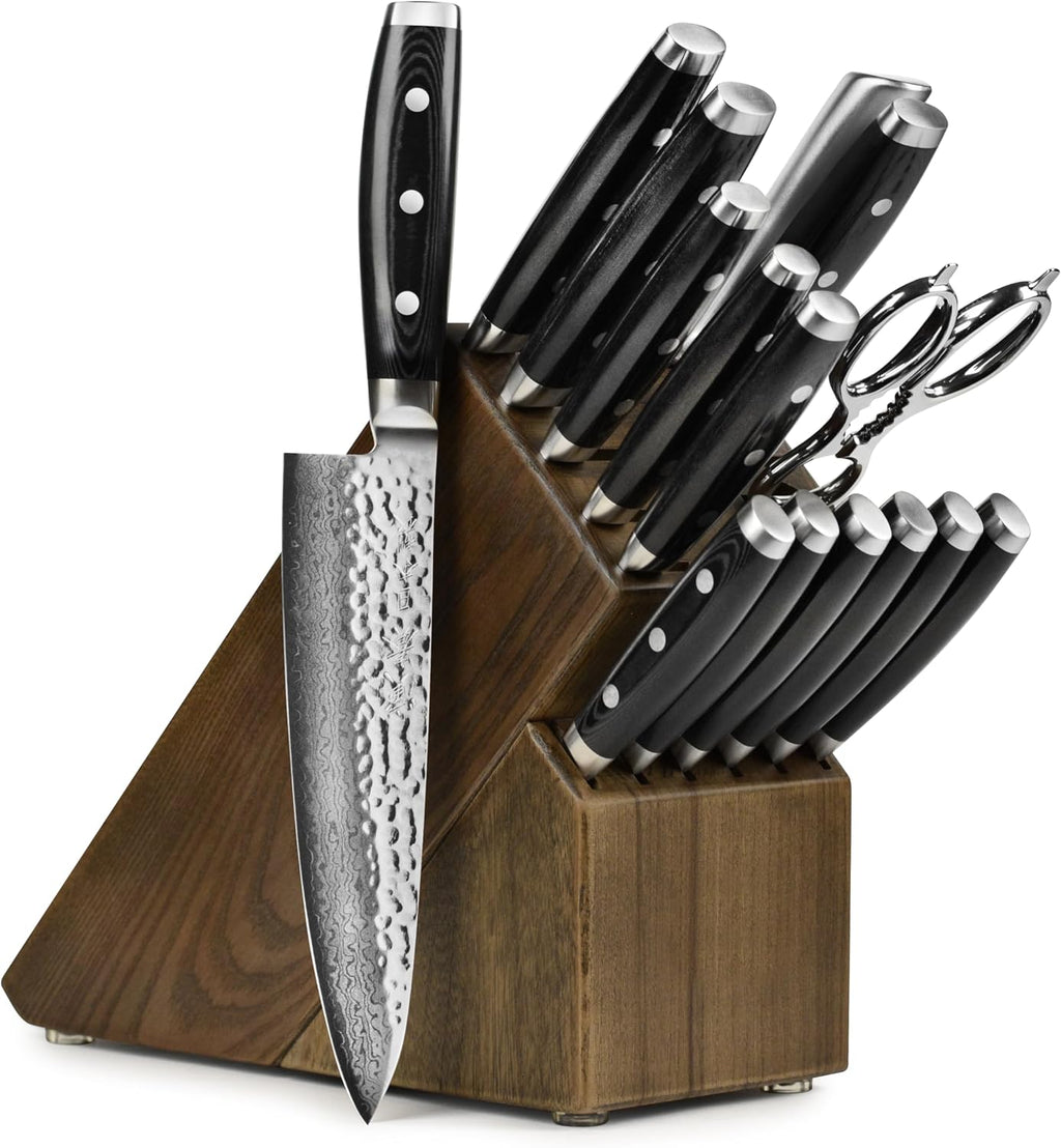 Enso HD 16 Piece Knife Set - Made in Japan - VG10 Hammered Damascus Stainless Steel with Dark Ash Block
