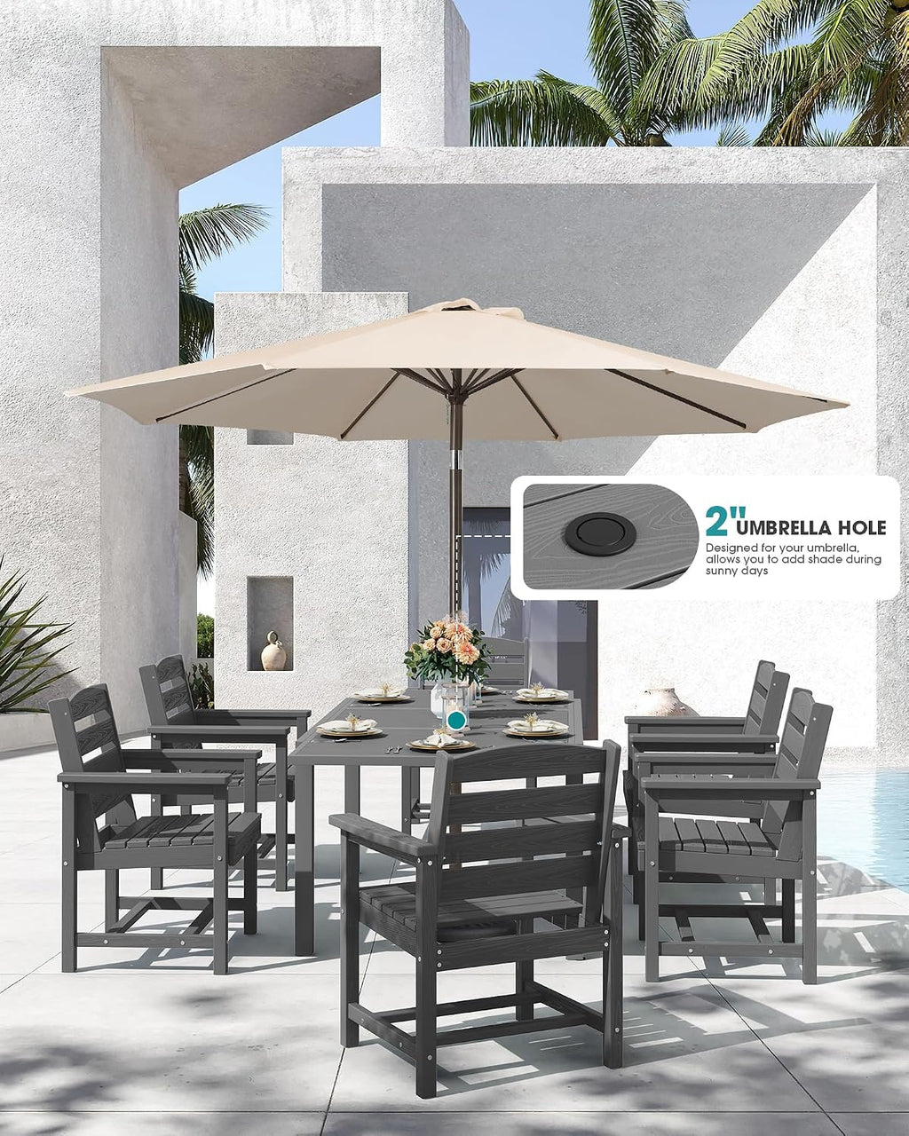 SERWALL 7-Piece Patio Dining Sets, 60' - 83' Expandable Outdoor Dining Table and 6 HDPE Chairs, All Weather HDPE Outdoor Furniture Set for Backyard, Garden, Grey