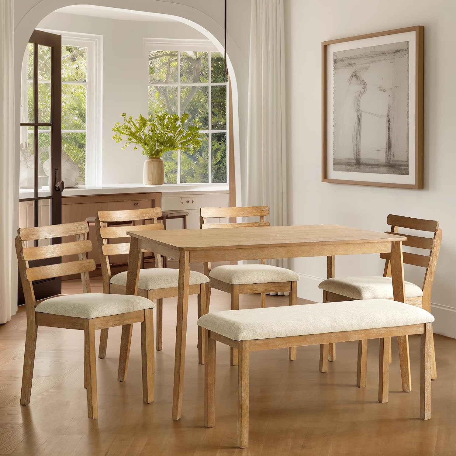 SIMTONAL 4-Piece Farmhouse Dining Set, Wooden Table with 2 Chairs, Bench Seat, Mid-Century Modern Wooden Table & Upholstered Chair Set for Home, Kitchen, Dining Room, Solidwood Legs