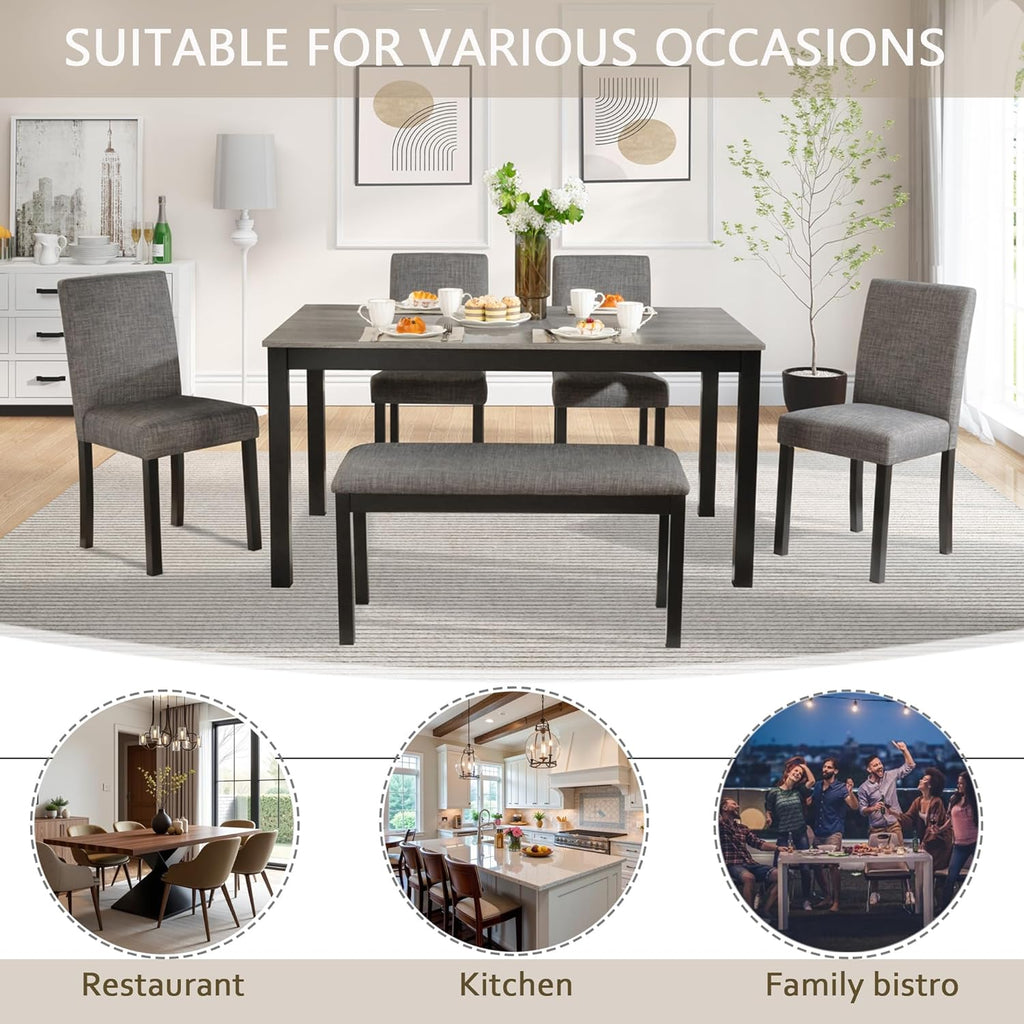 LUMISOL 6 Piece Dining Table Set with Bench and Chairs, Wood Kitchen Table Set for Kitchen, Dining Room, Living Room, Light Grey+Black