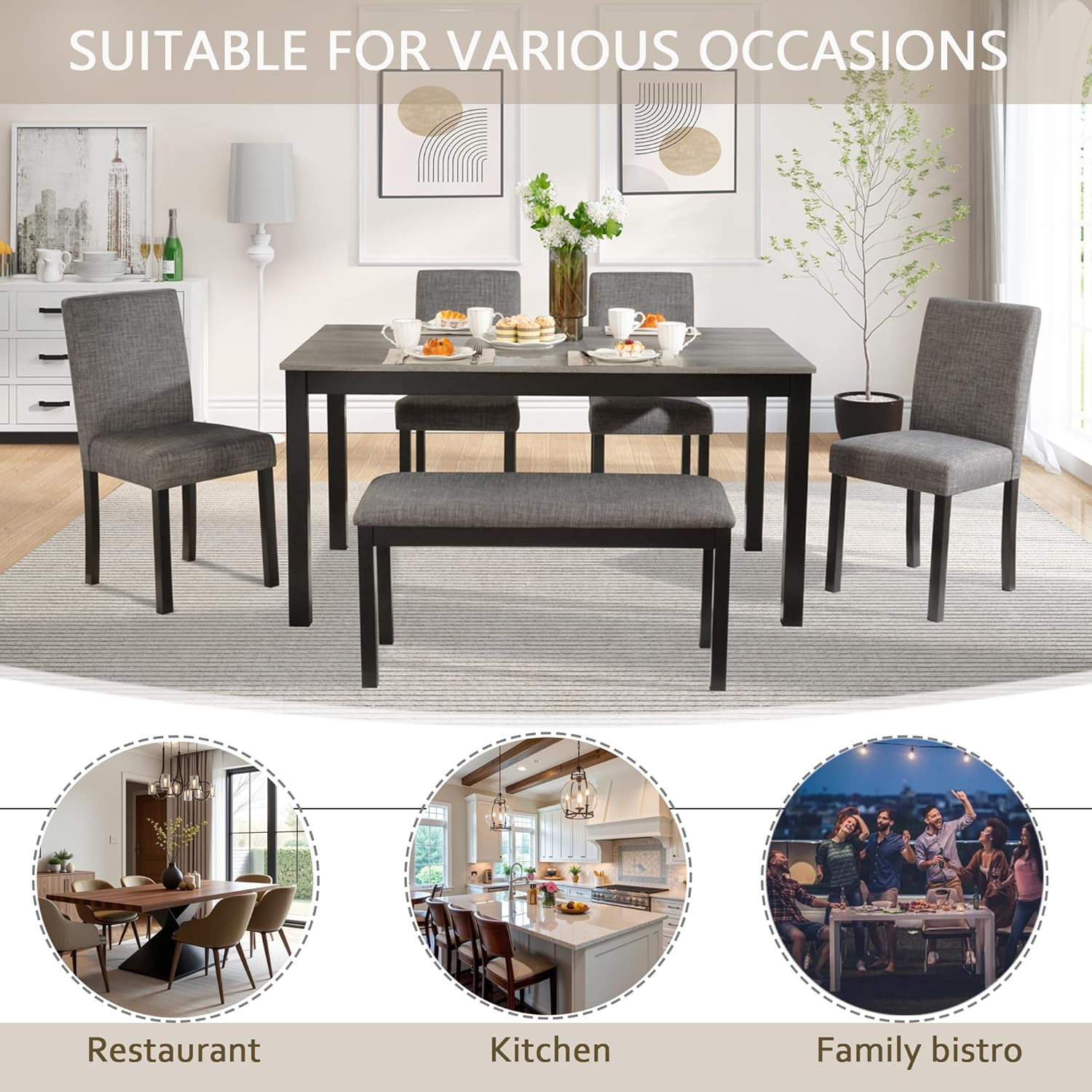 LUMISOL 6 Piece Dining Table Set with Bench and Chairs, Wood Kitchen Table Set for Kitchen, Dining Room, Living Room, Light Grey+Black
