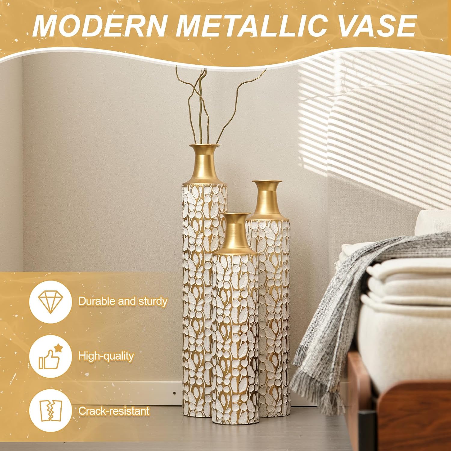 Floor Metal Decorated Vases Set of 3 for Gorgeous Home Decoration Large Glazed Metal Vases (Antique White)