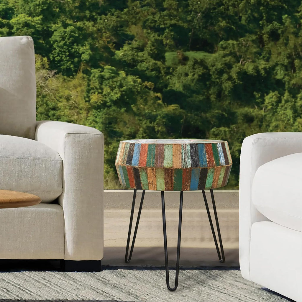Multicolor Wood Round Drum Side Table 18.2'x18.2'x23.6'H Reclaimed Wooden Farmhouse Rustic Coffee End Table Vintage Accent Plant Stand Outdoor Living Room Bedroom Patio Home Decor