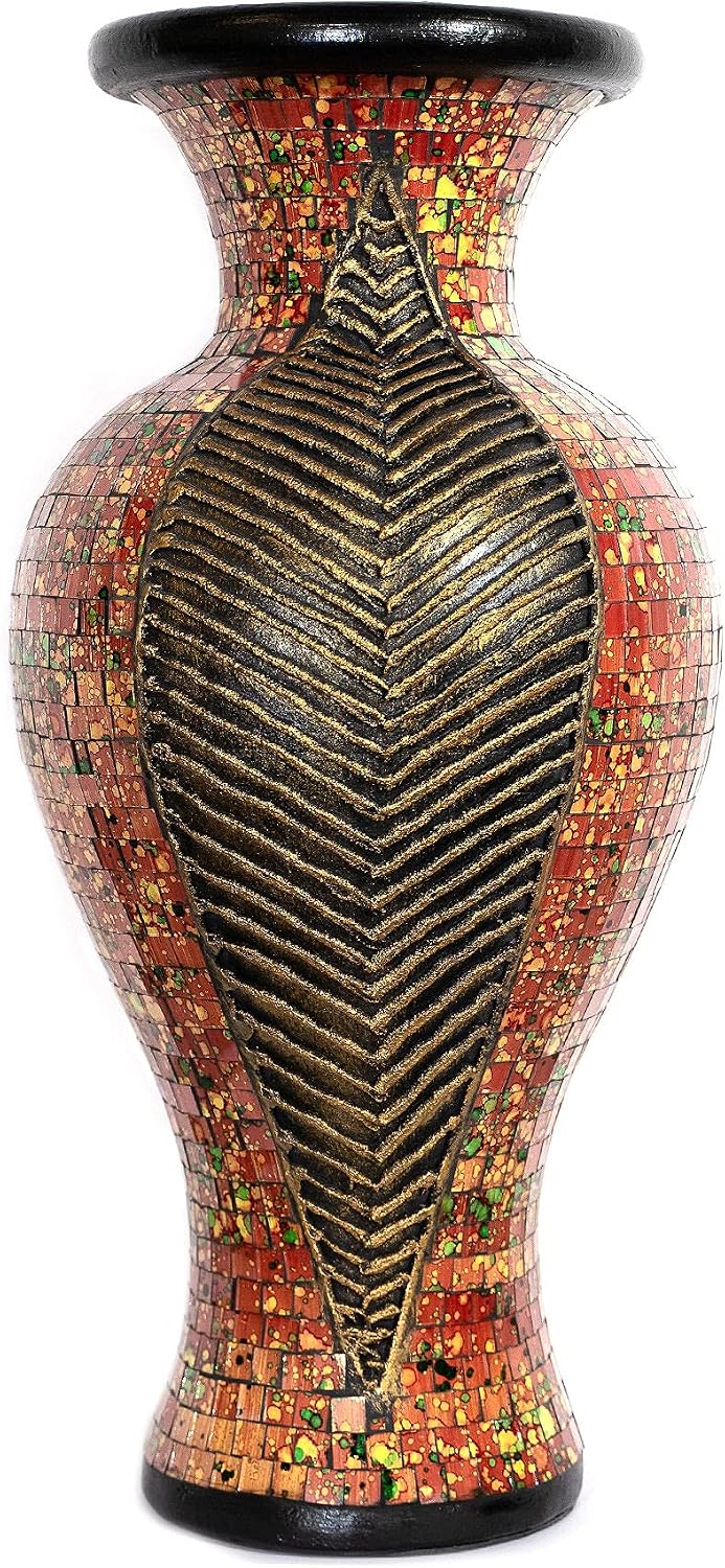 Floor Vase, 24 Inch Mosaic Vase – Tall Cylinder Made of Terracotta with Red, Orange, and Green Glass Mosaic Pieces – Handcrafted Decorative Home Décor Accent Piece for Bedroom, Living Room