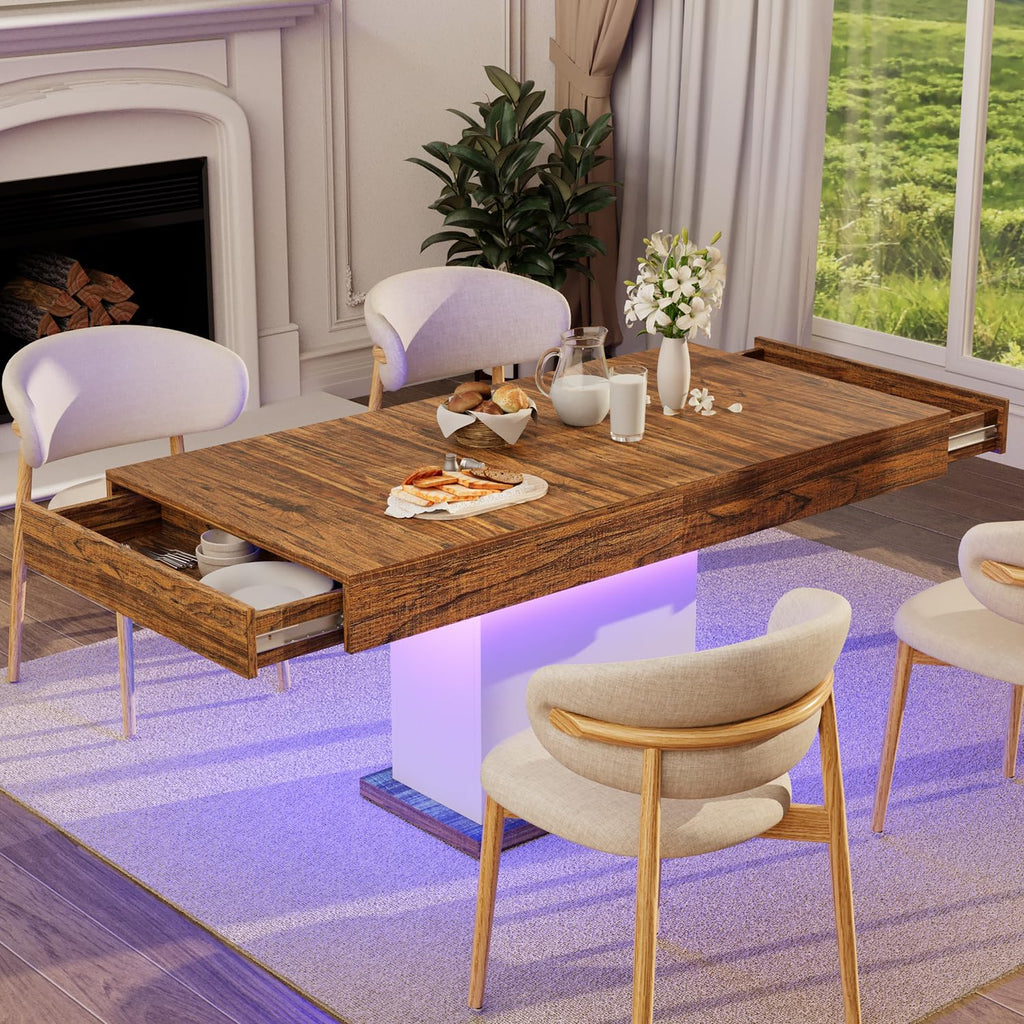 55' Dining Table for 4 to 6 People, Farmhouse Wood Dinner Table with Drawers & Led Lights for Kitchen, Dining Room & Living Room (Oak Brown & White)