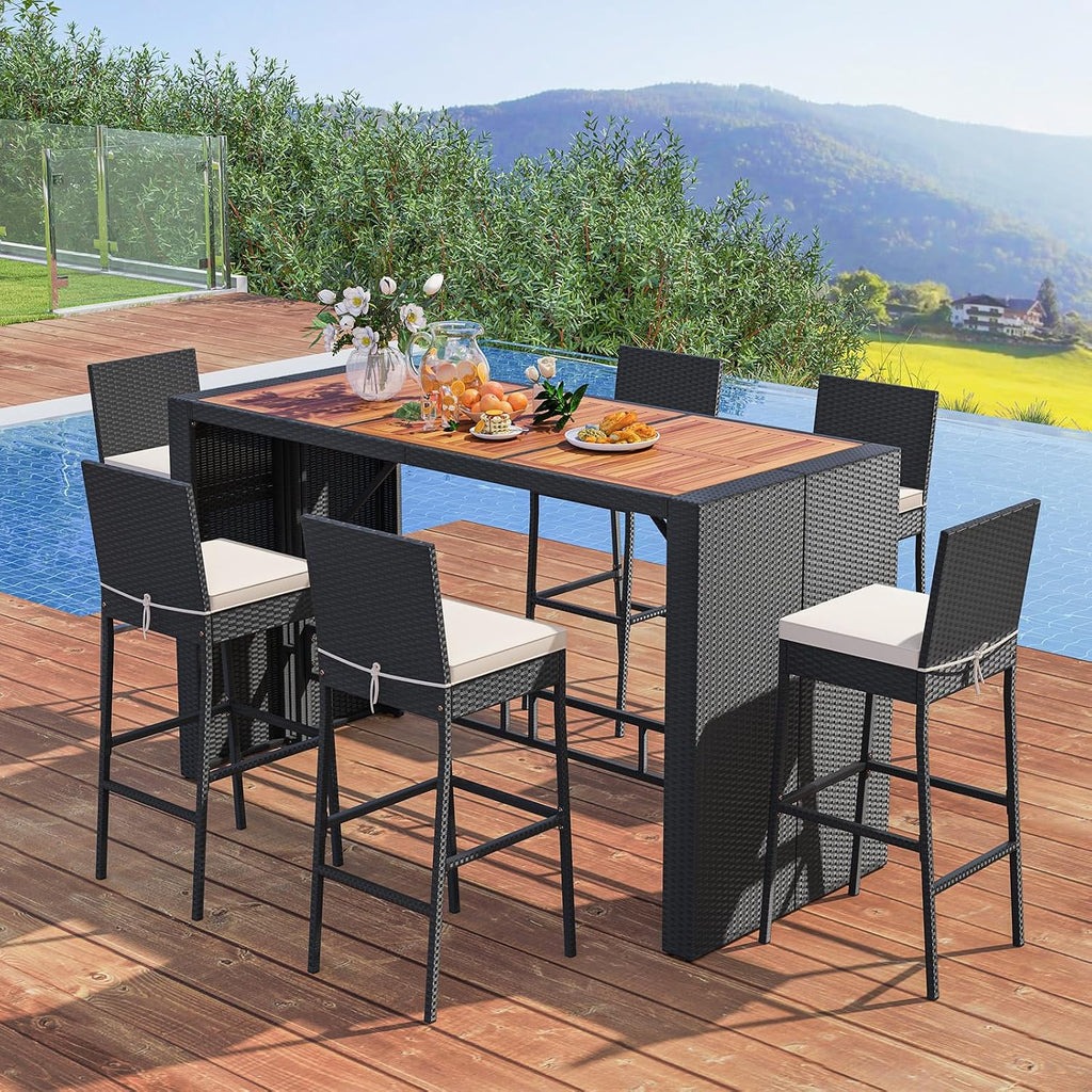 COSTWAY 7 PCS Patio Rattan Wicker Bar Set, 30'' Bar Height Chairs with Back, Footrest and Cushion, Outdoor Table with Wooden Top for Backyard Garden Deck