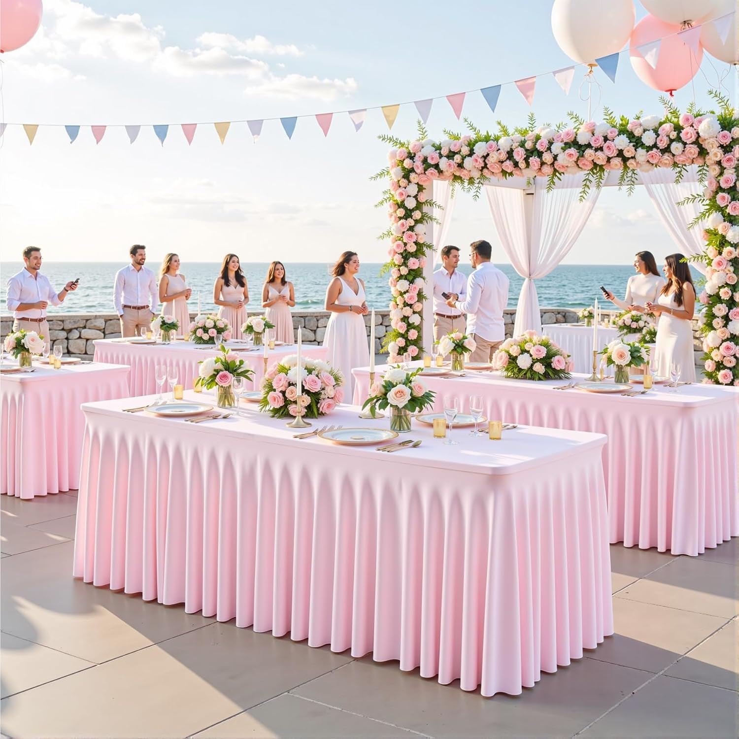 6 Pack Pink Table Cloth for 8 Foot Rectangle Tables Spandex Fitted Tablecloth 8ft Stretch Table Covers Skirt Pink Banquet Tablecloths Wrinkle Free Tablecloth for Party Wedding Birthday Event