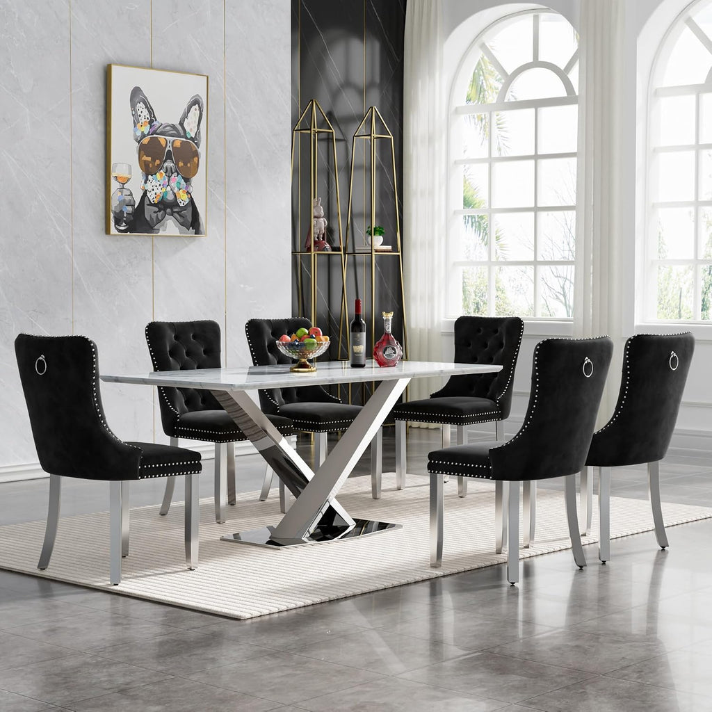 70' White Marble Dining Table for 4 to 6, Modern Faux Marble Kitchen Table with Silver X Shape Stainless Steel Pedestal, Luxury Rectangular Kitchen Dining Room Table for Breakfast Dinette Dinner Party